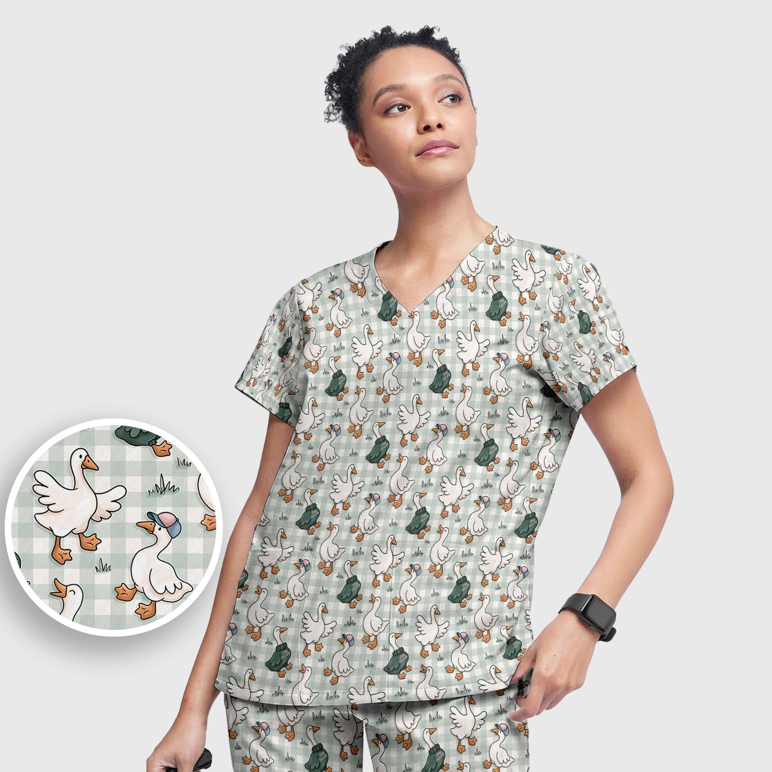 Funny Goose Wearing Sweater On Plaid Background Pattern Scrub Set, Scrub Pants and V Neck Top
