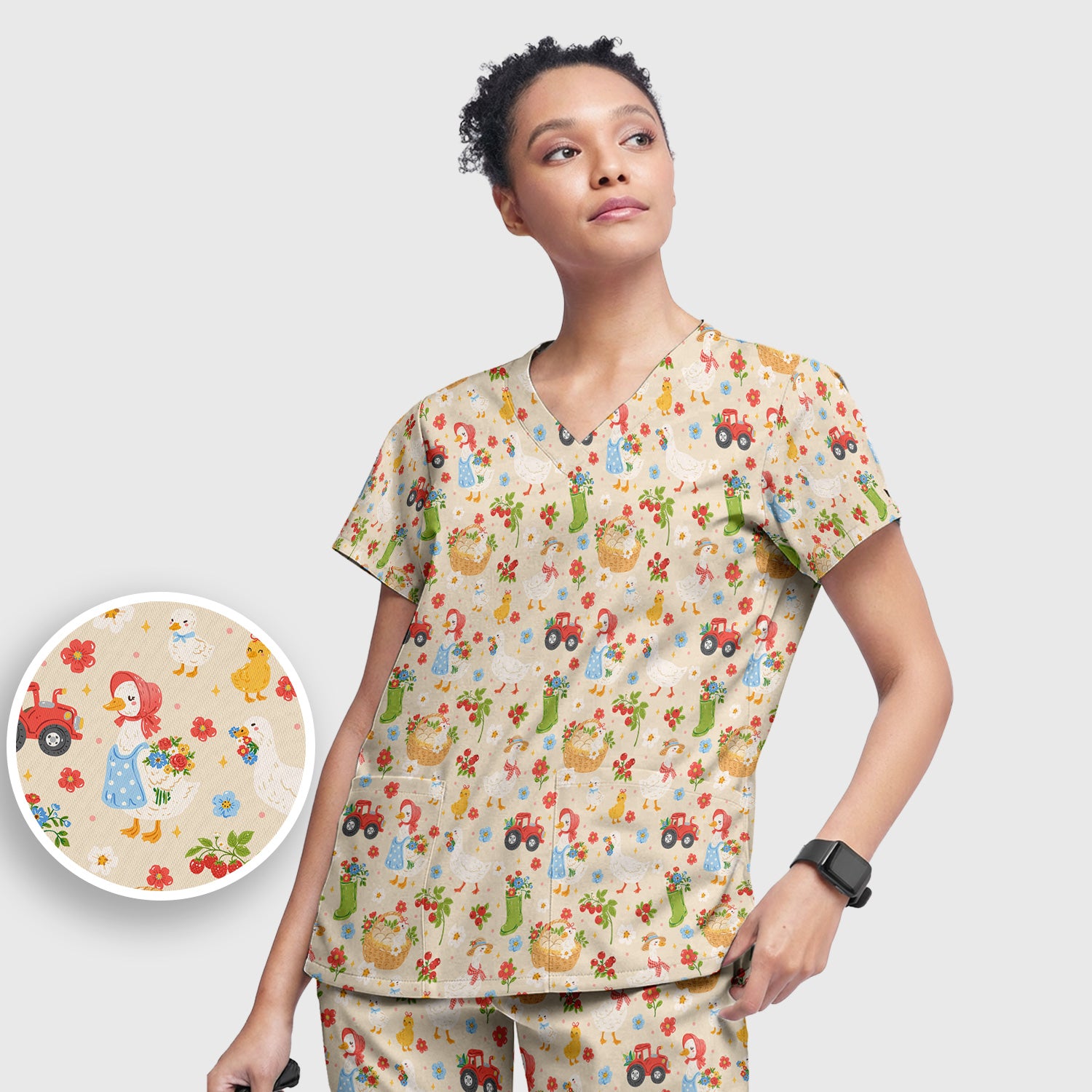 Farm Duck Chicken Tractor Flower Basket Scrub Top, Breathable Fabrics Nursing Uniform