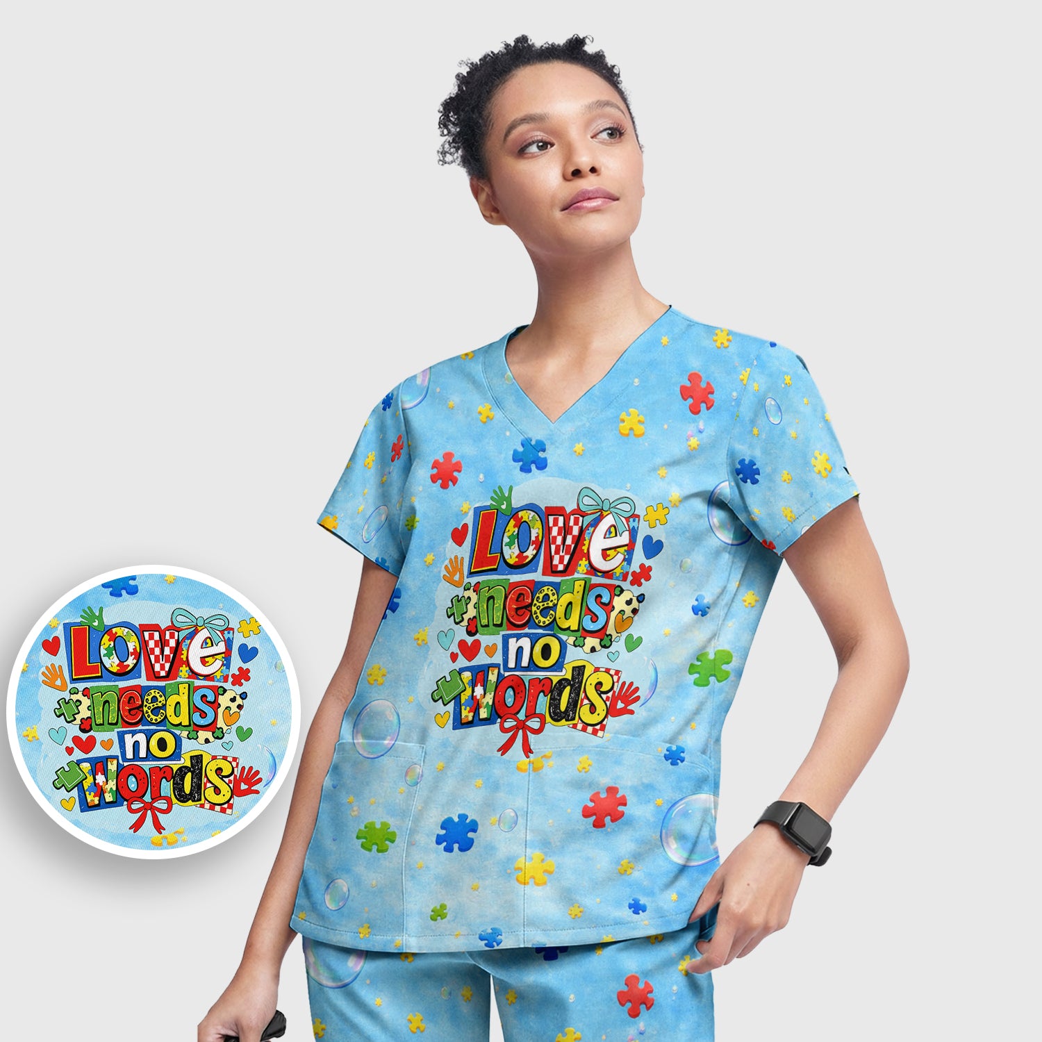 Autism Awareness Nurse Puzzle Love Needs No Words Pattern Scrub Set, Scrub Pants and V Neck Top