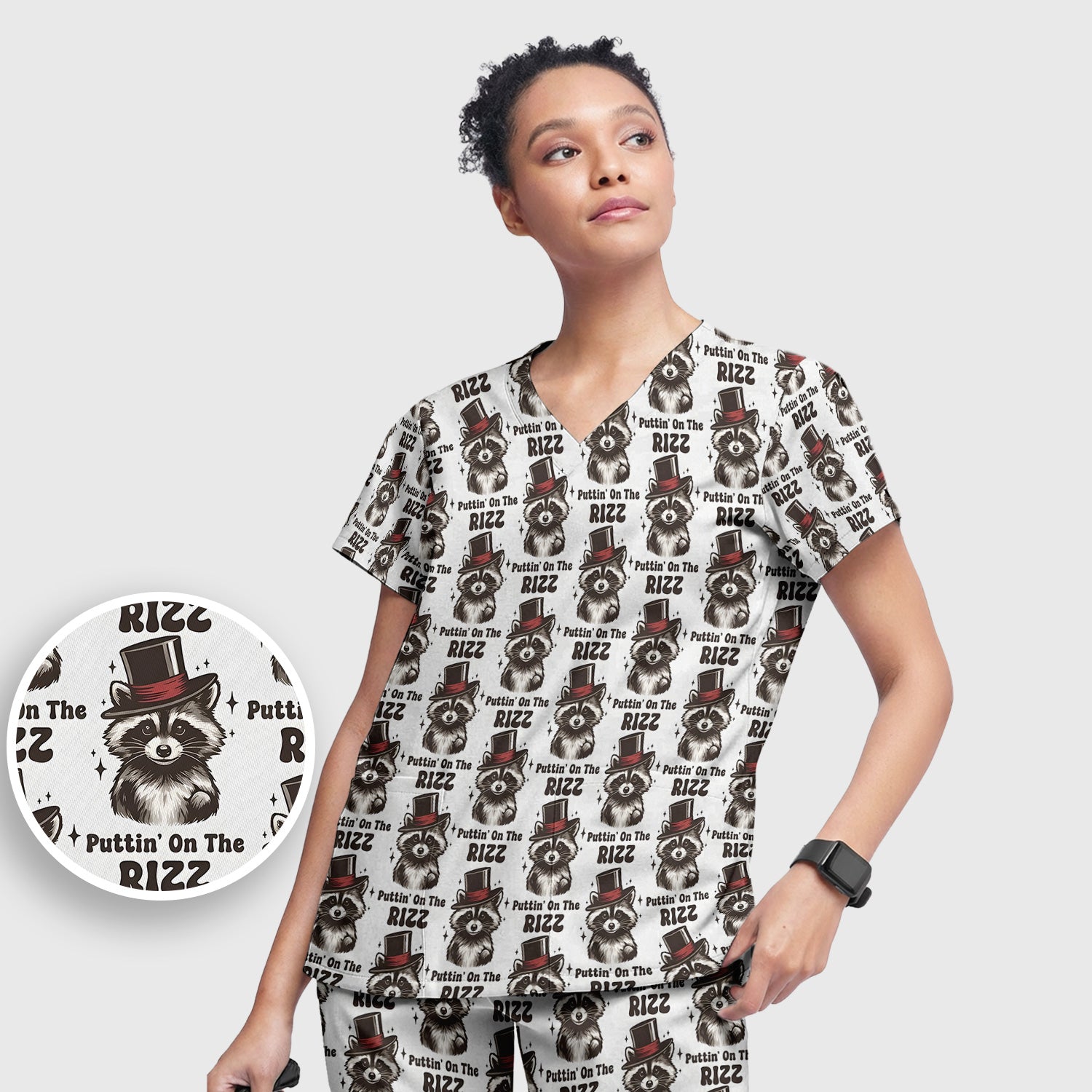 Raccoon Wearing Top Hat Puttin On The Rizz Scrub Set, Scrub Pants and V Neck Top