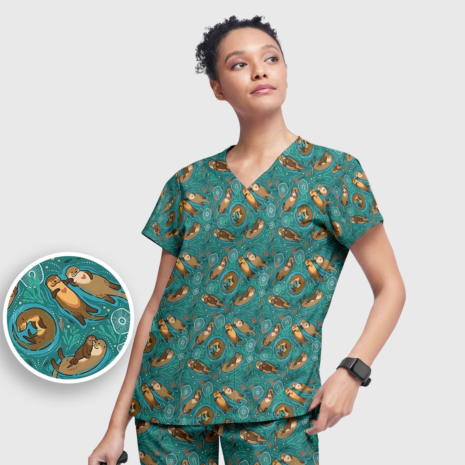 Sea Otter Floating Ocean Pattern Scrub Set, Scrub Pants and V Neck Top