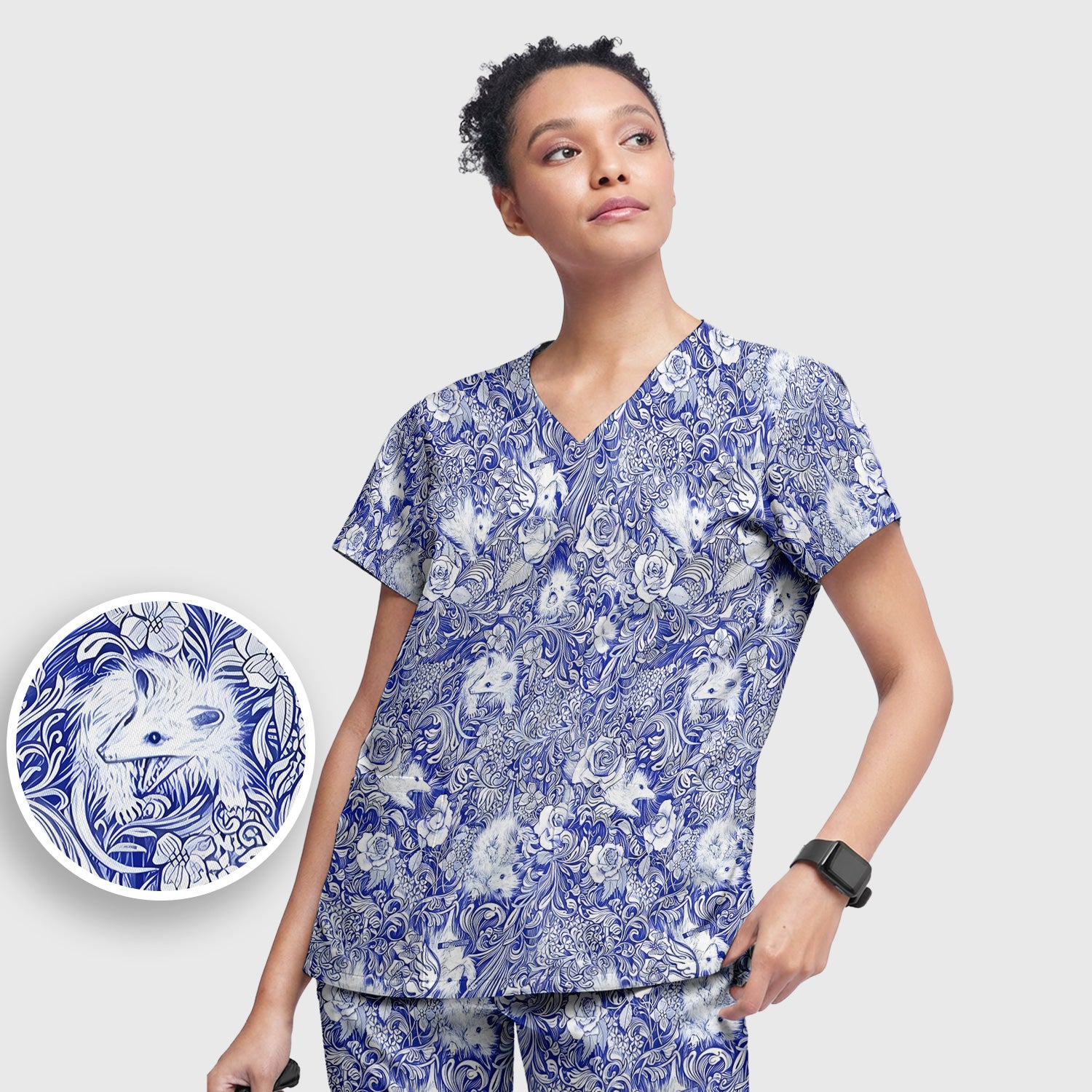 Blue Toile Porcupine Floral Pattern Scrub Set, Scrub Pants and V Neck Top