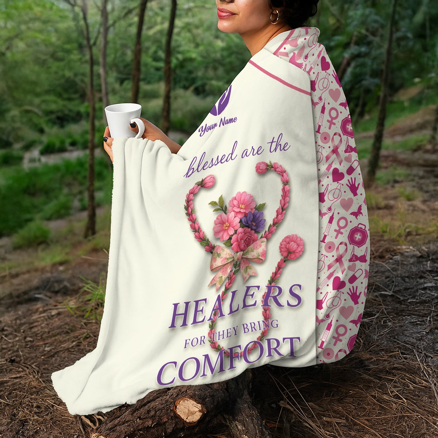 Custom Breast Cancer Awareness Nurse Blanket - Blessed Are the Healers Design - Gift for RN LPN CNA