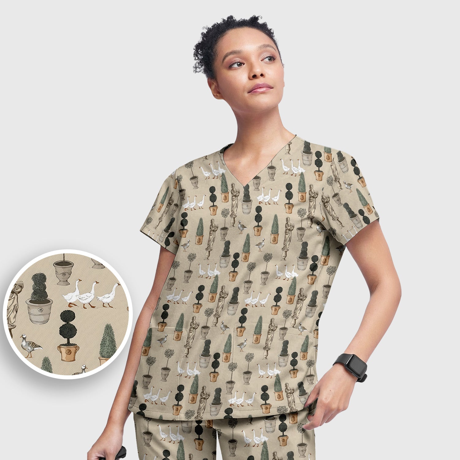 Vintage Garden Statue Topiary Goose Bird Pattern Scrub Set, Scrub Pants and V Neck Top