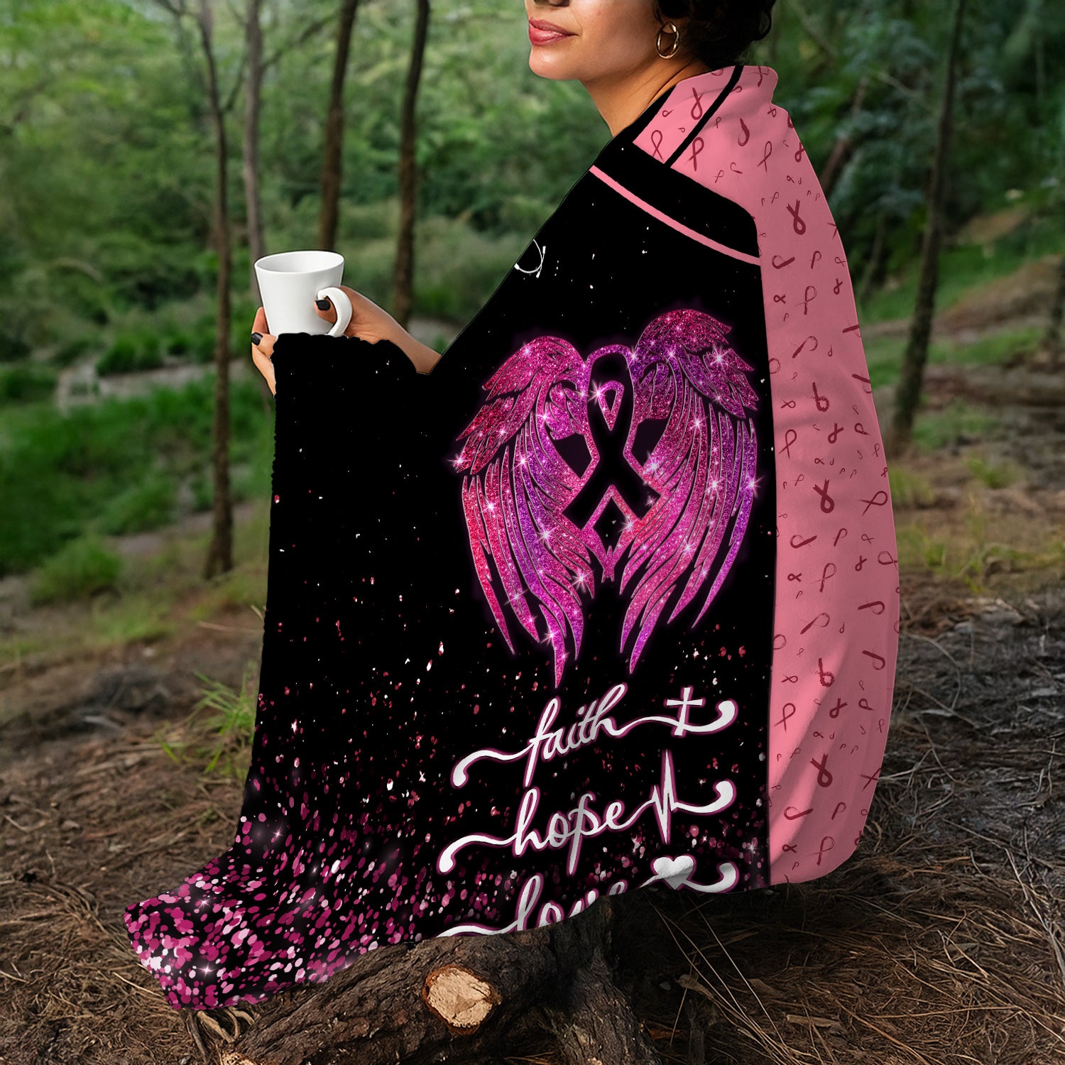 Personalized Breast Cancer Awareness Blanket - Faith Hope Love & Angel Wings - Gift for Nurse RN LPN CNA