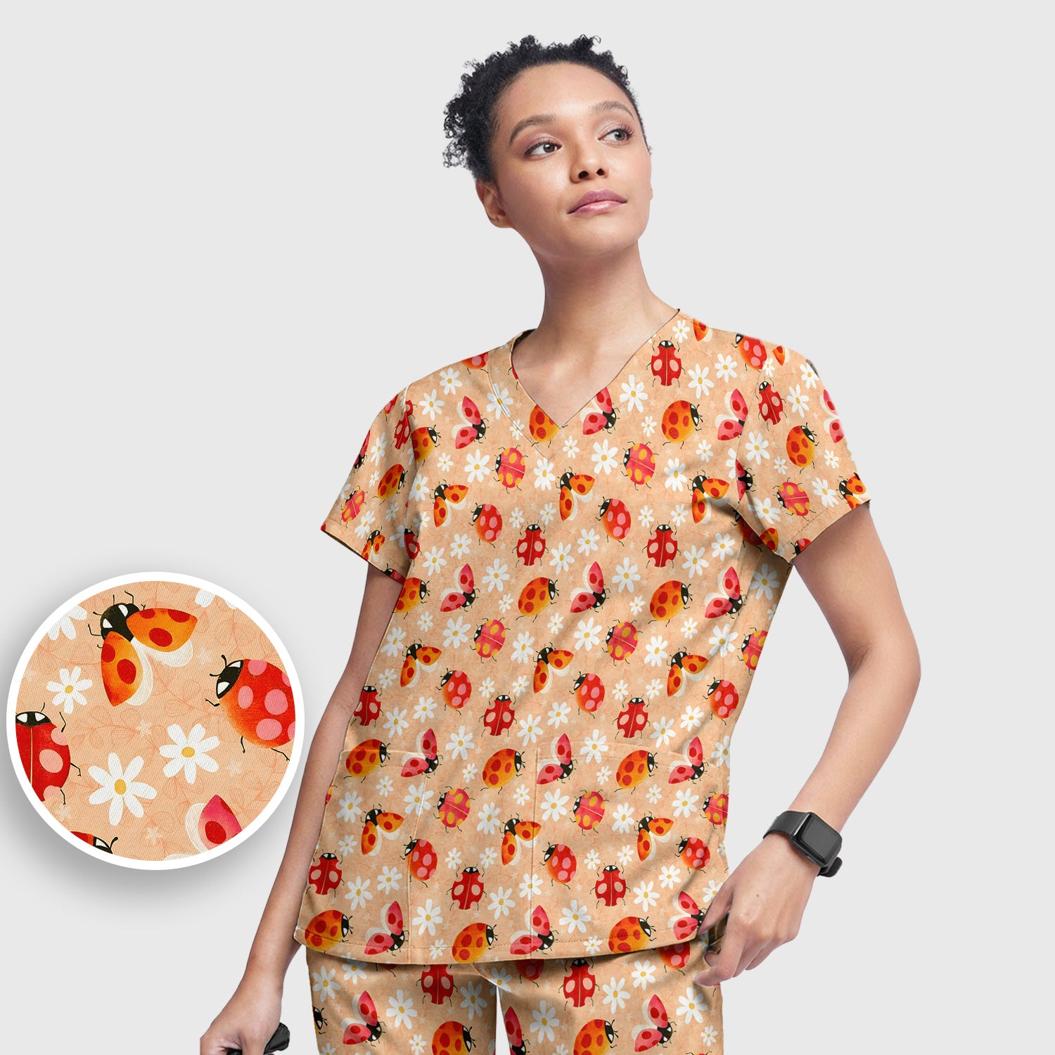 Ladybug Daisy Floral Pattern Scrub Set, Scrub Pants and V Neck Top