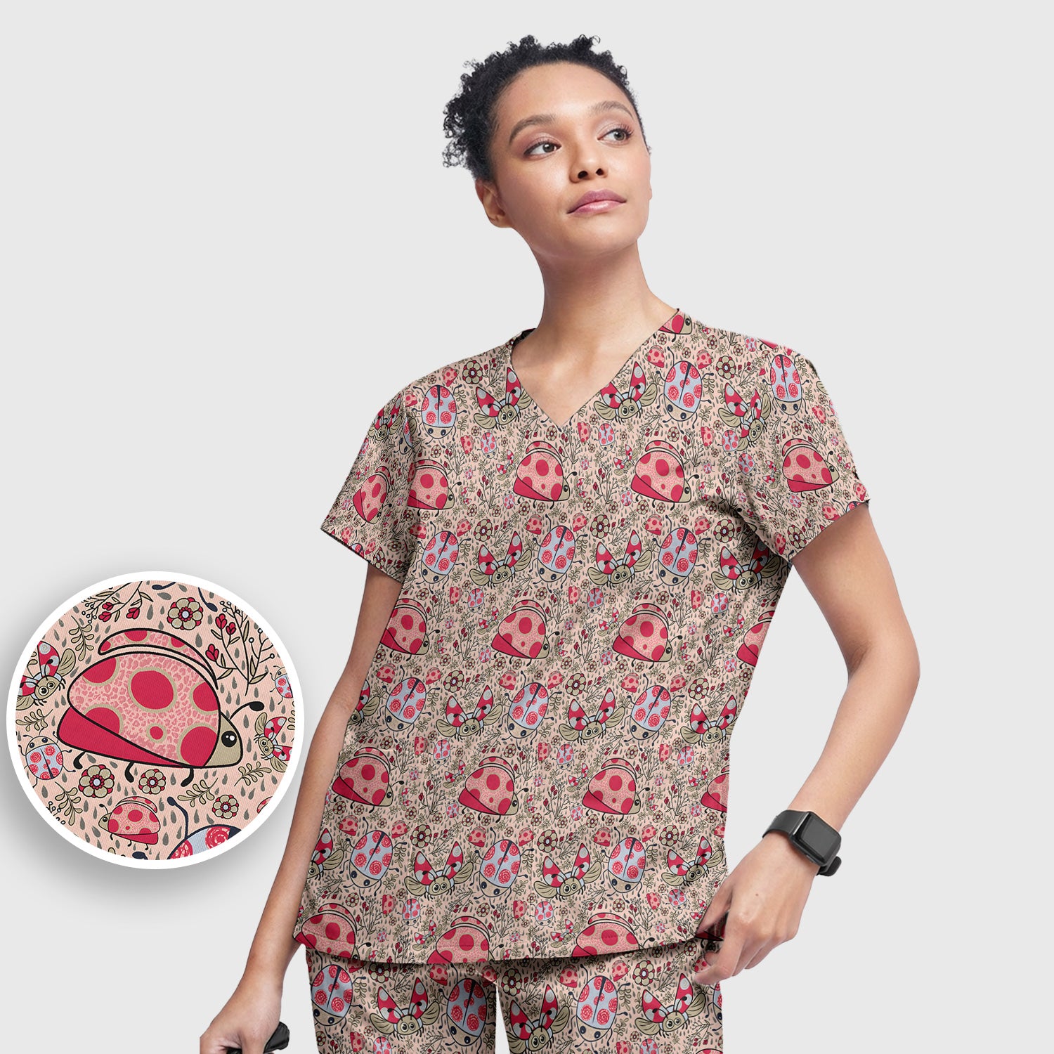 Cute Ladybug Rain Garden Pattern Scrub Set, Scrub Pants and V Neck Top