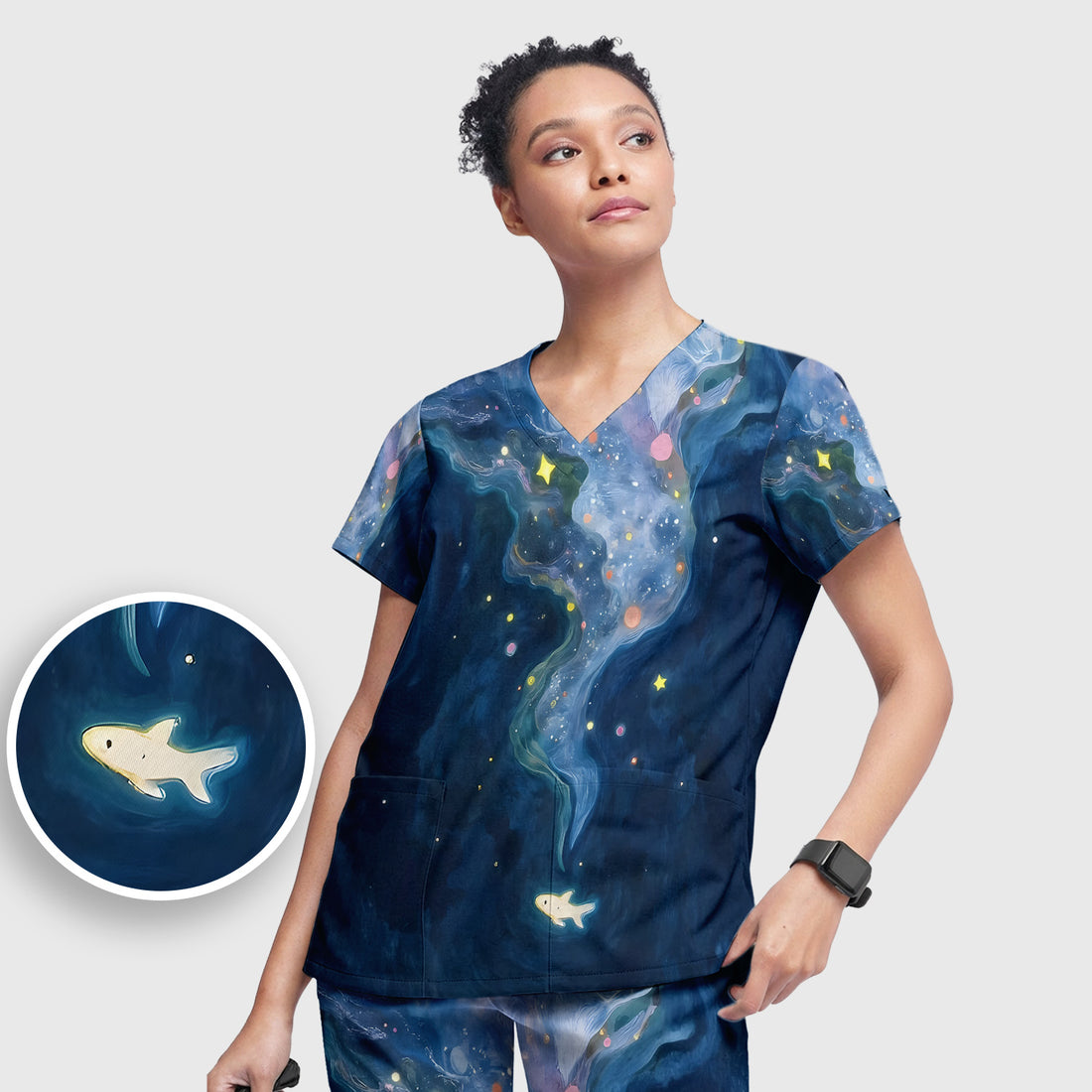 Marine Life Shark Pattern Scrub Set, Scrub Pants and V Neck Top