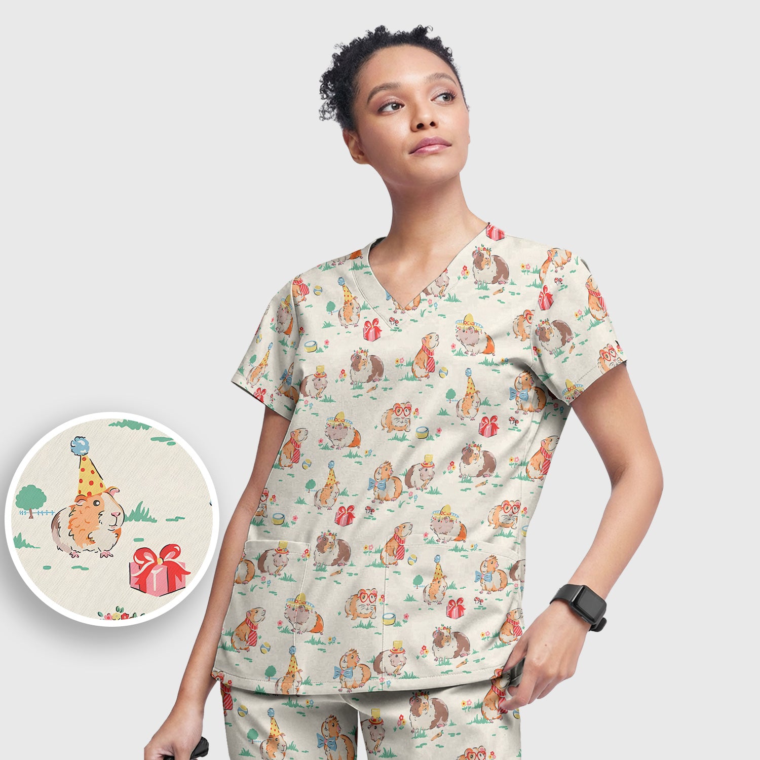 Cute Guinea Pig Party Nurse Pattern Scrub Set, Scrub Pants and V Neck Top