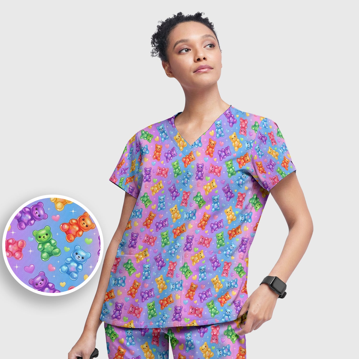 Colorful Gummy Bear Pattern Scrub Set, Scrub Pants and V Neck Top