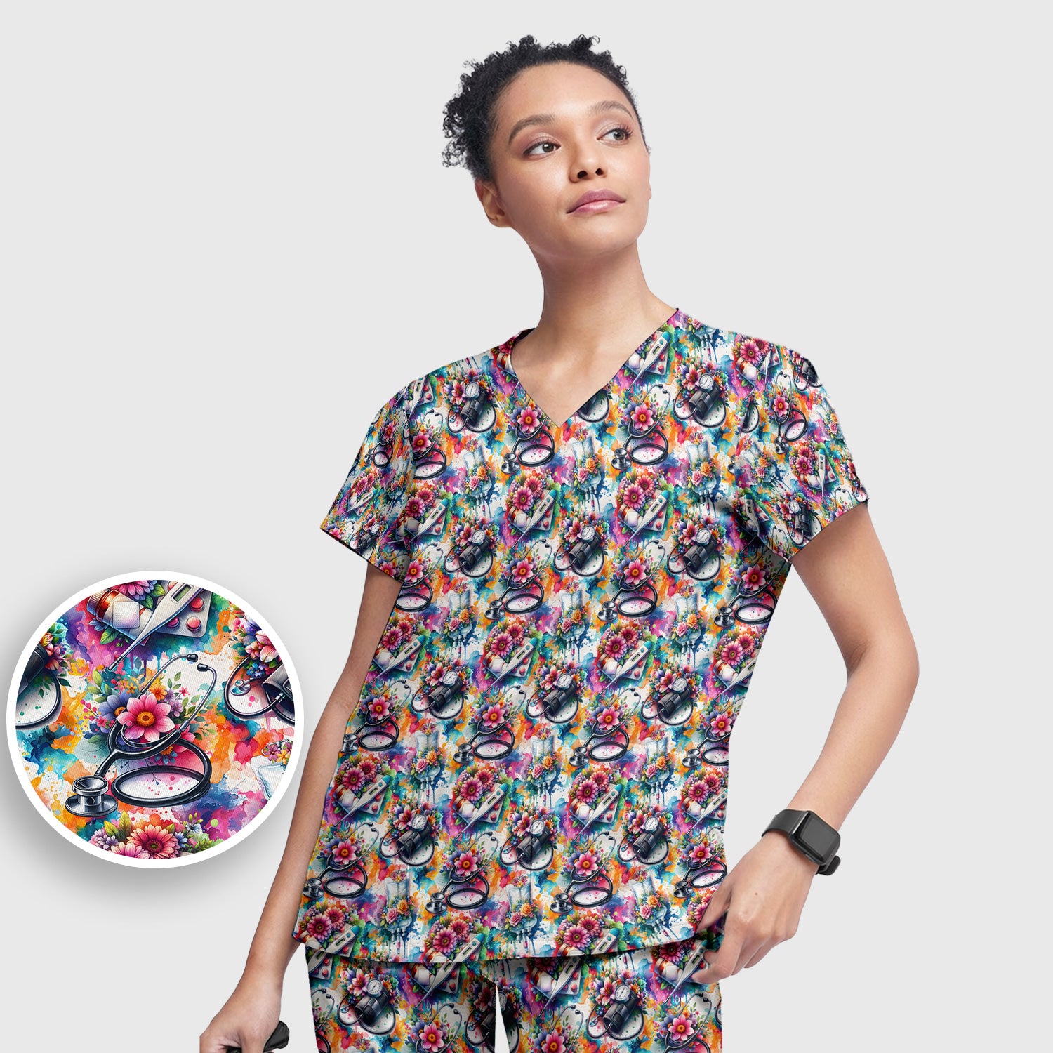 Colorful Medical Tools Floral Pattern Scrub Set, Scrub Pants and V Neck Top