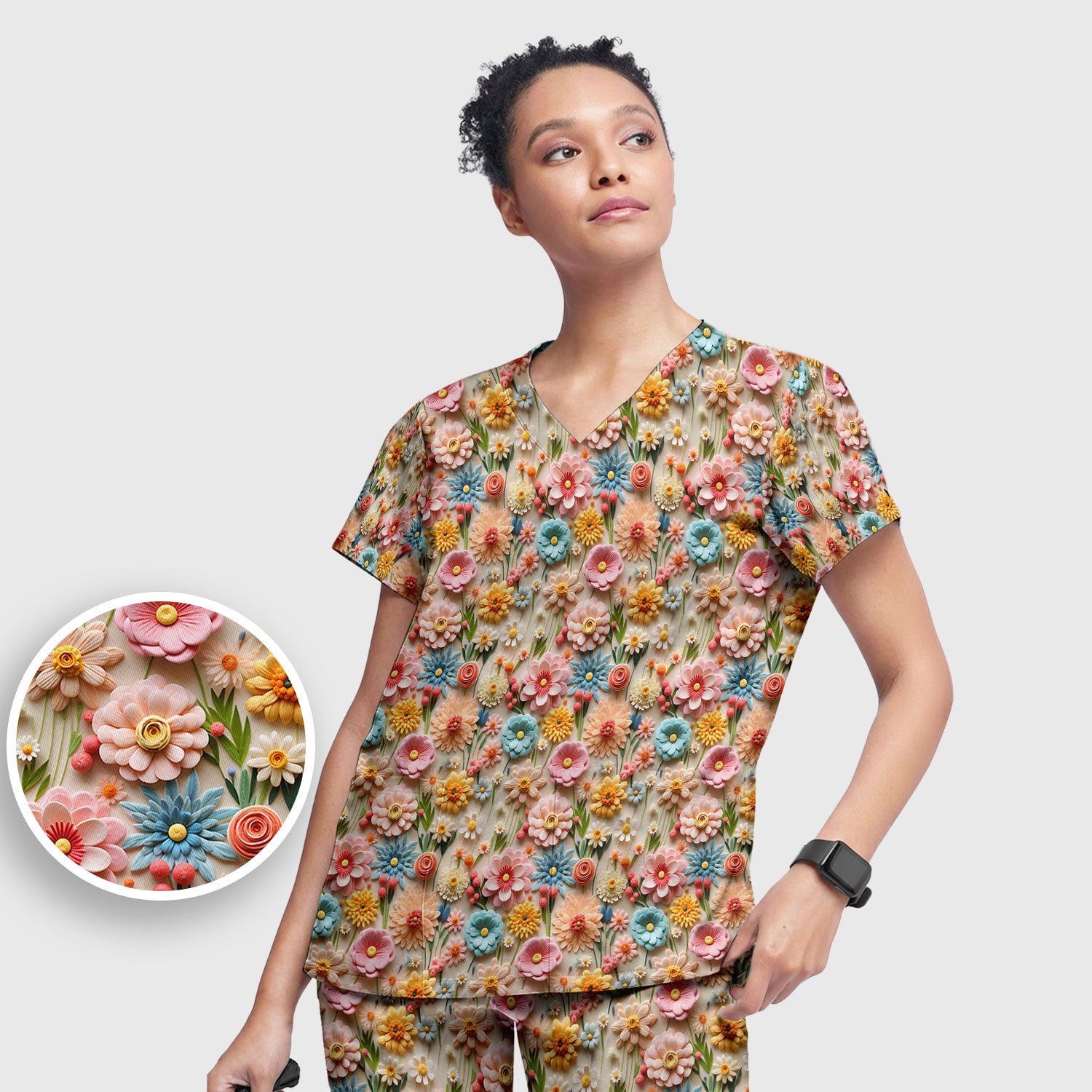 Colorful Blooming Wildflower Pattern Scrub Set, Scrub Pants and V Neck Top