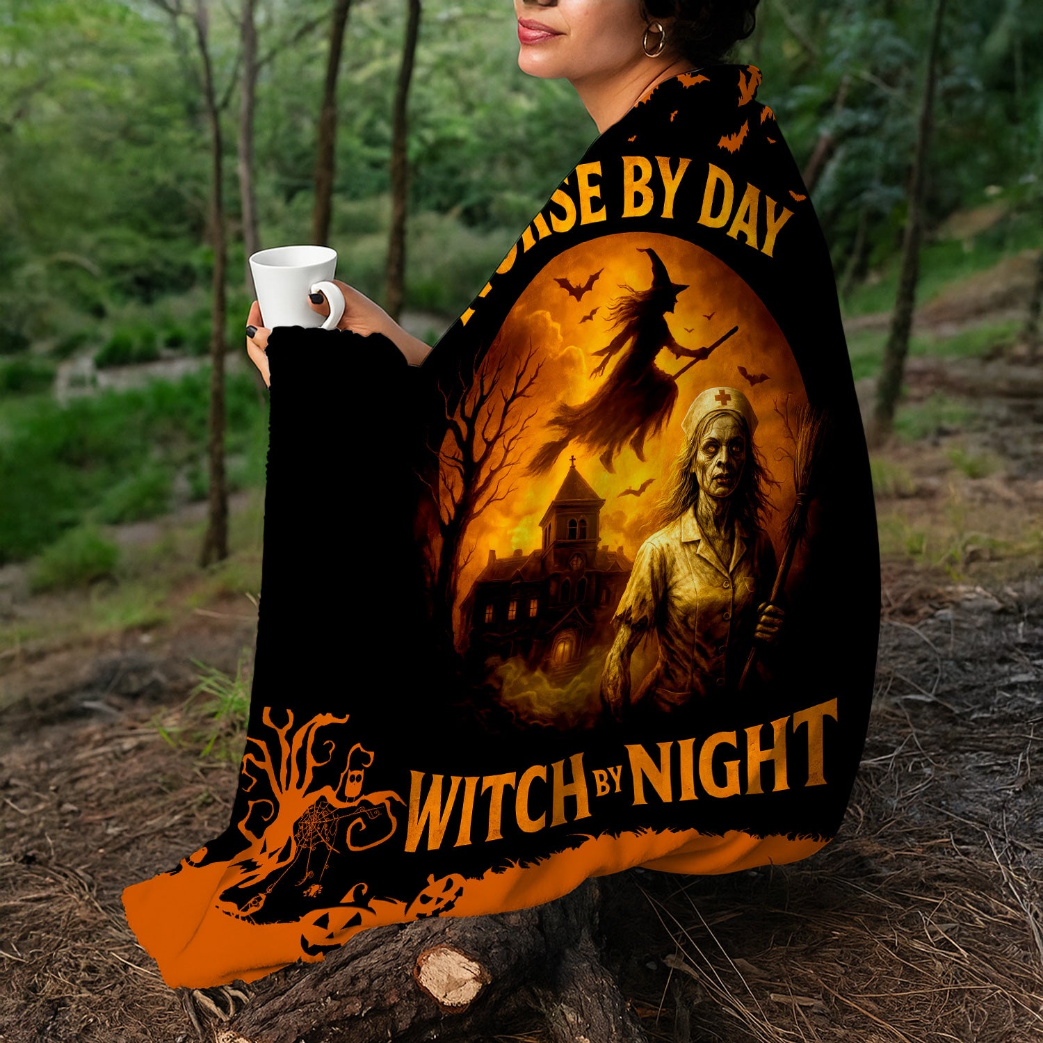 Personalized Funny Halloween Nurse Blanket - Nurse By Day Witch By Night Spooky Design - Gift for RN LPN CNA Healthcare Workers