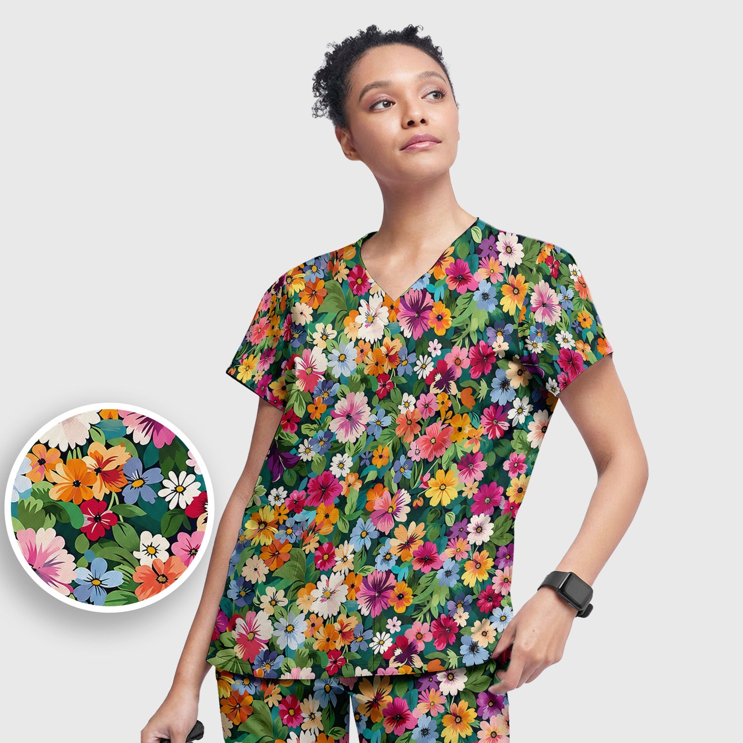 Colorful Wildflower Garden Pattern Scrub Set, Scrub Pants and V Neck Top