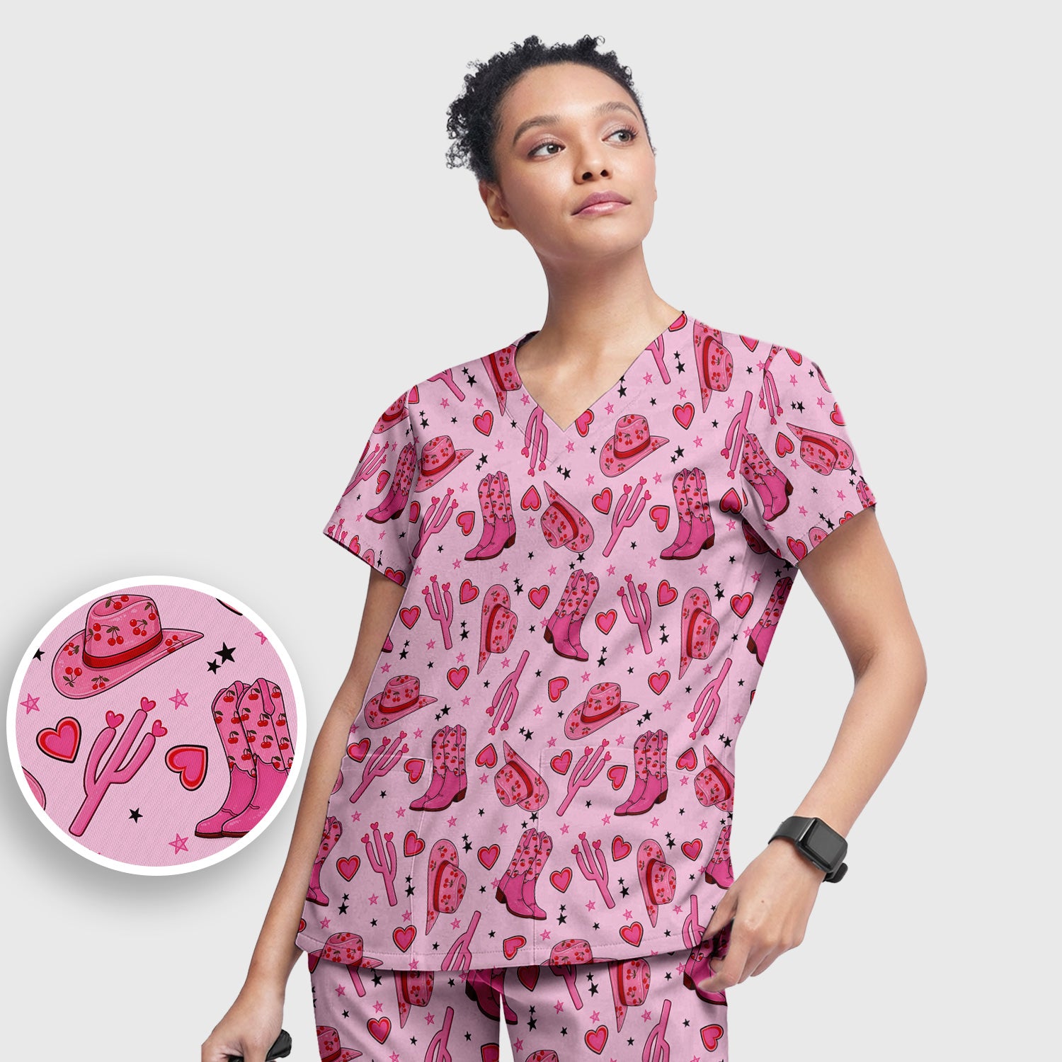 Pink Cowgirl Western Boots Hat Pattern Scrub Set, Scrub Pants and V Neck Top