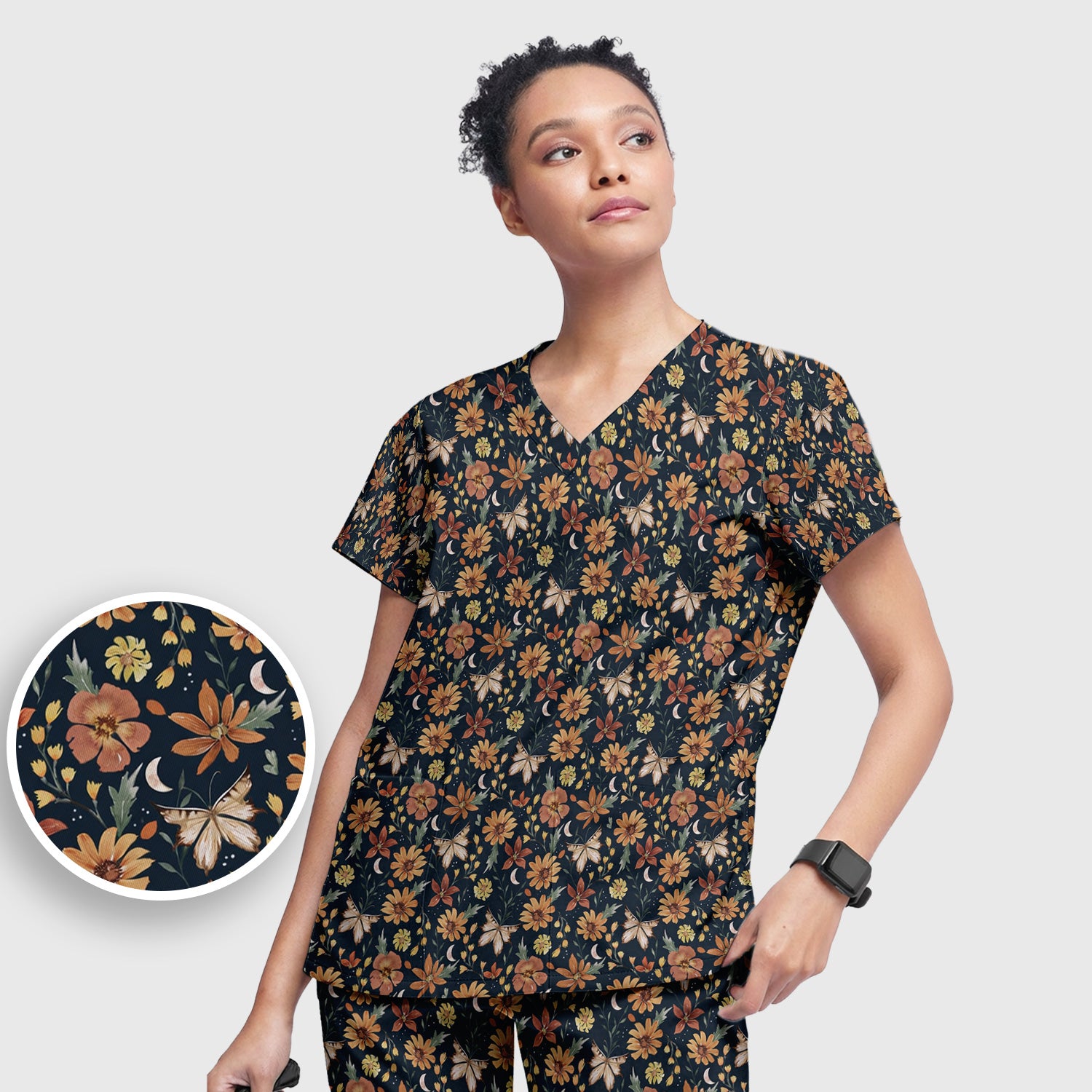 Charming Autumn Floral Butterfly Moon Pattern Scrub Set, Scrub Pants and V Neck Top