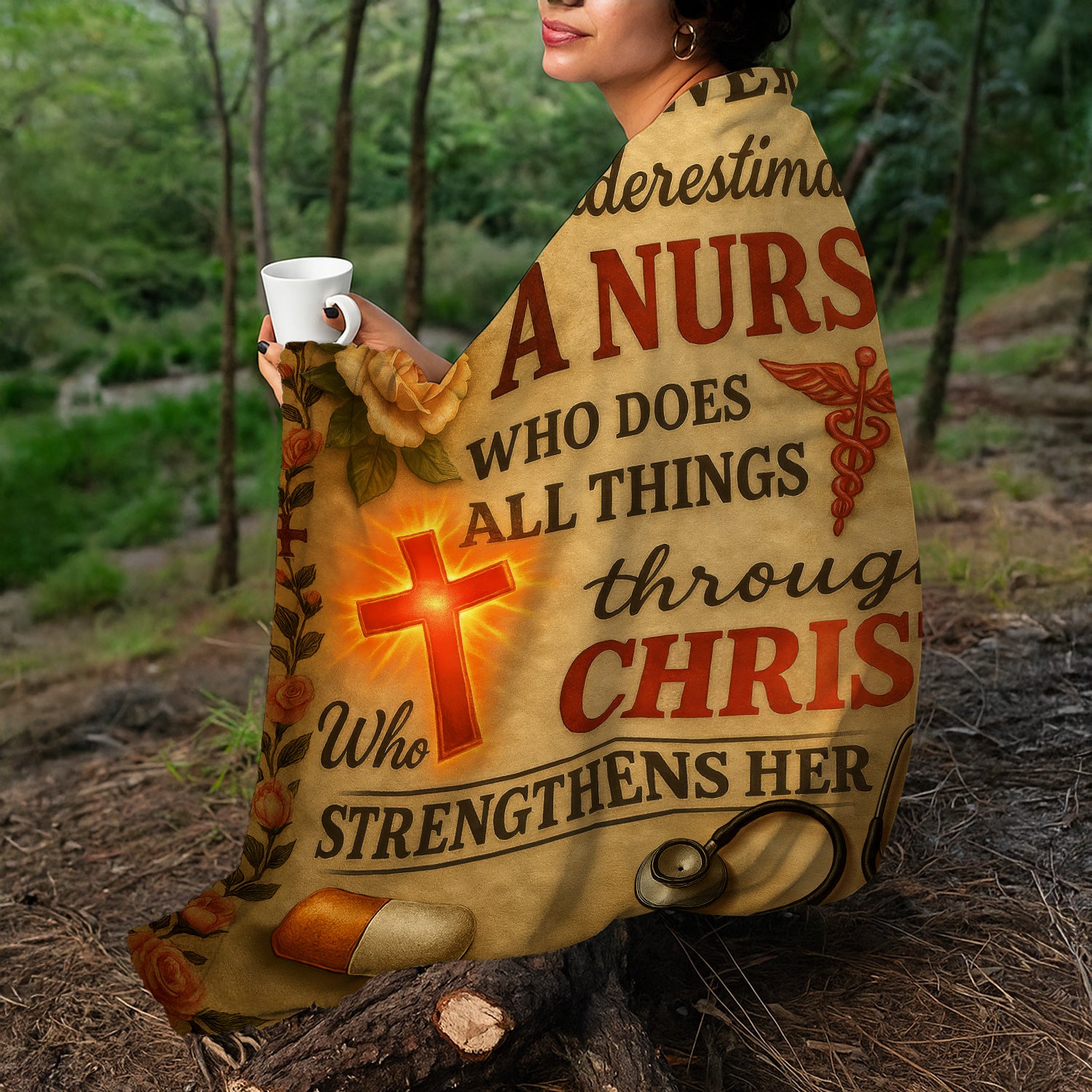 Christian Nurse Blanket - 'Through Christ Who Strengthens Her' Quote with Floral & Medical Design - Gift for RN, CNA, LPN
