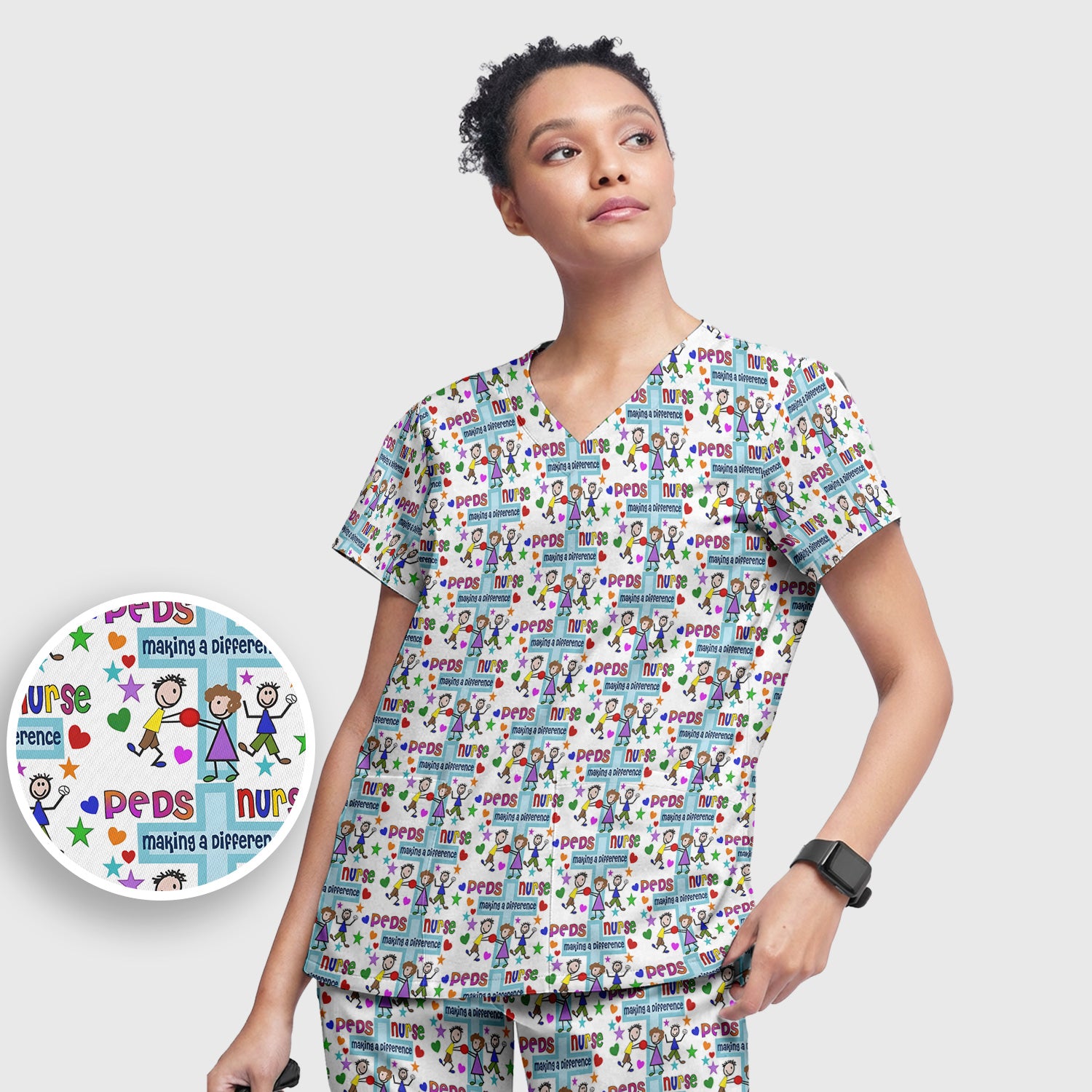 Peds Nurse Making A Difference Pattern Scrub Set, Scrub Pants and V Neck Top