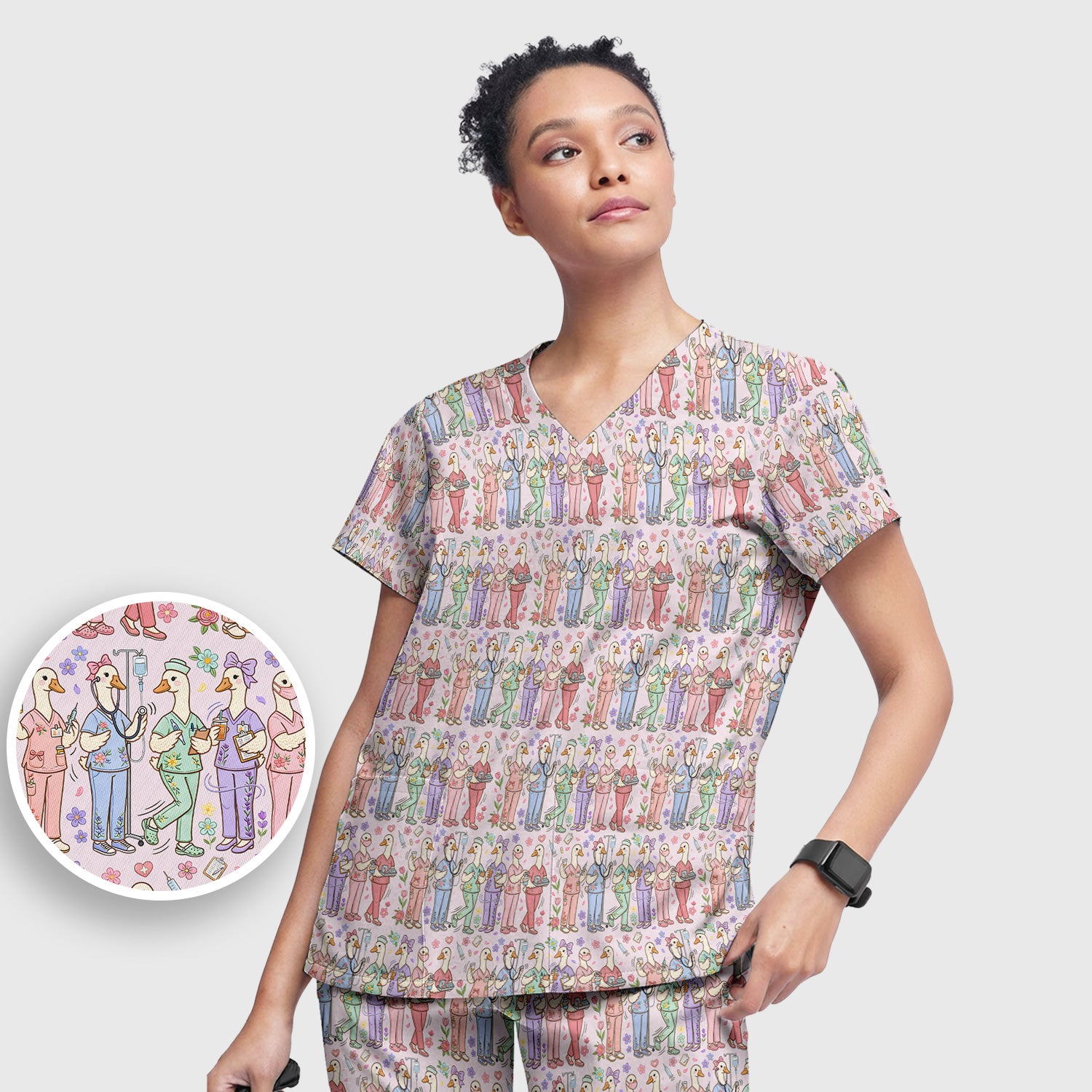 Goose Characters Floral Medical Team Uniform Pattern Scrub Set, Breathable Med Uniform