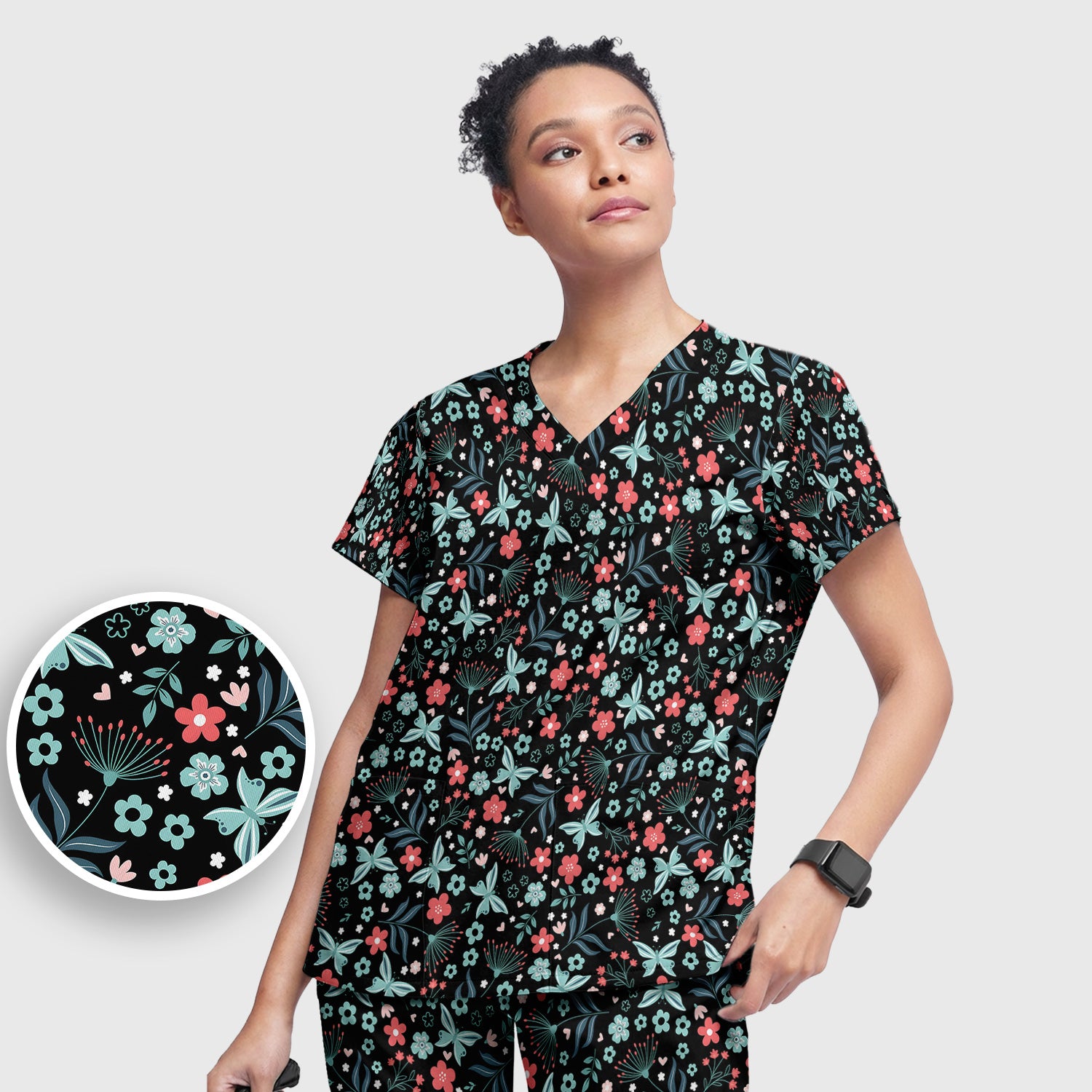 Cute Floral Butterfly Garden Print Scrub Set, Scrub Pants and V Neck Top