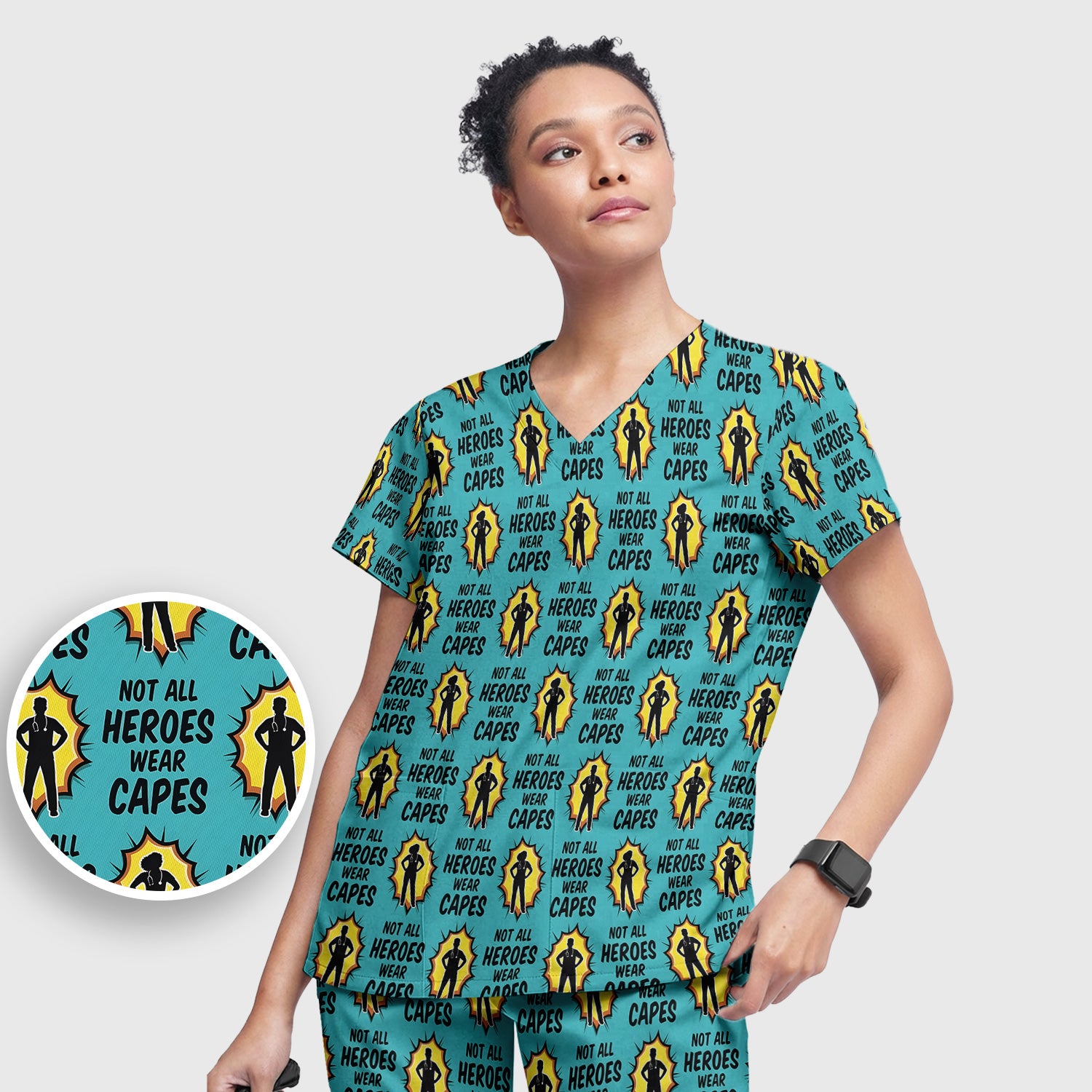 Not All Heroes Wear Capes Nurse Pattern Scrub Set, Scrub Pants and V Neck Top