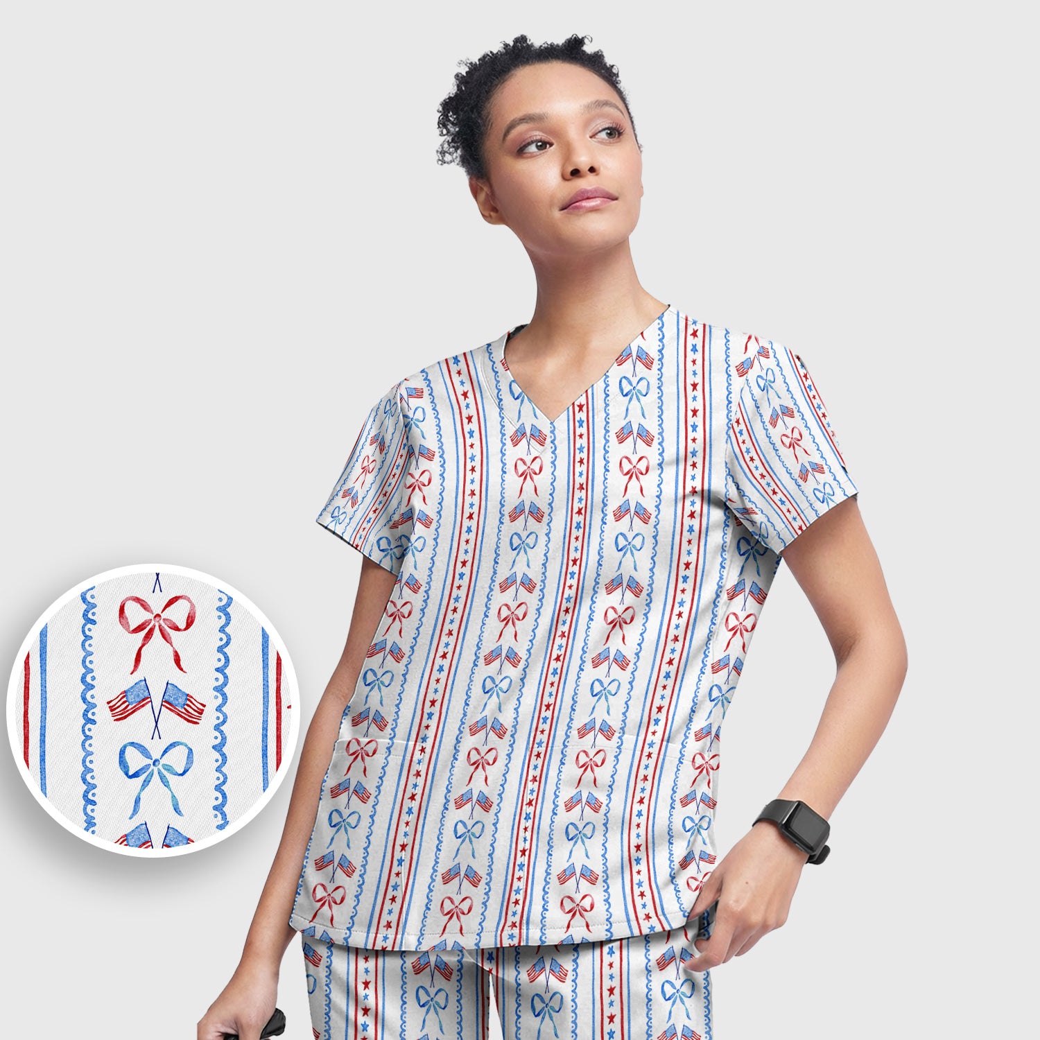 Patriotic USA Flag Bow Stripe Pattern Scrub Set, Scrub Pants and V Neck Top