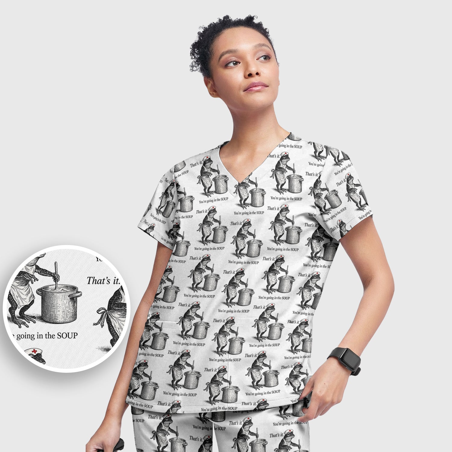 Funny Nurse Frog Cooking Soup Vintage Pattern Scrub Set, Scrub Pants and V Neck Top