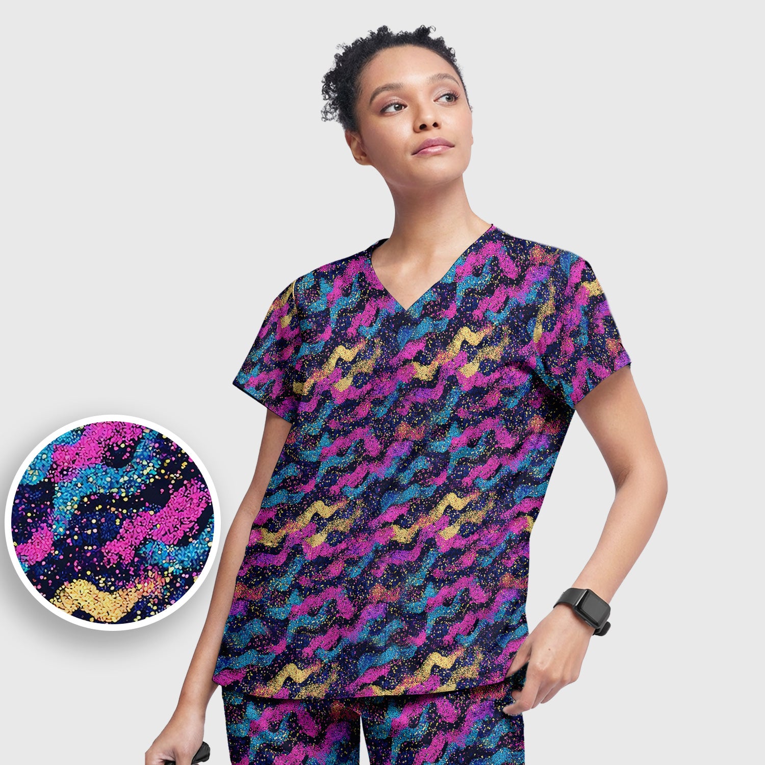 Neon Glitter Galaxy Wavy Pattern Scrub Set, Scrub Pants and V Neck Top
