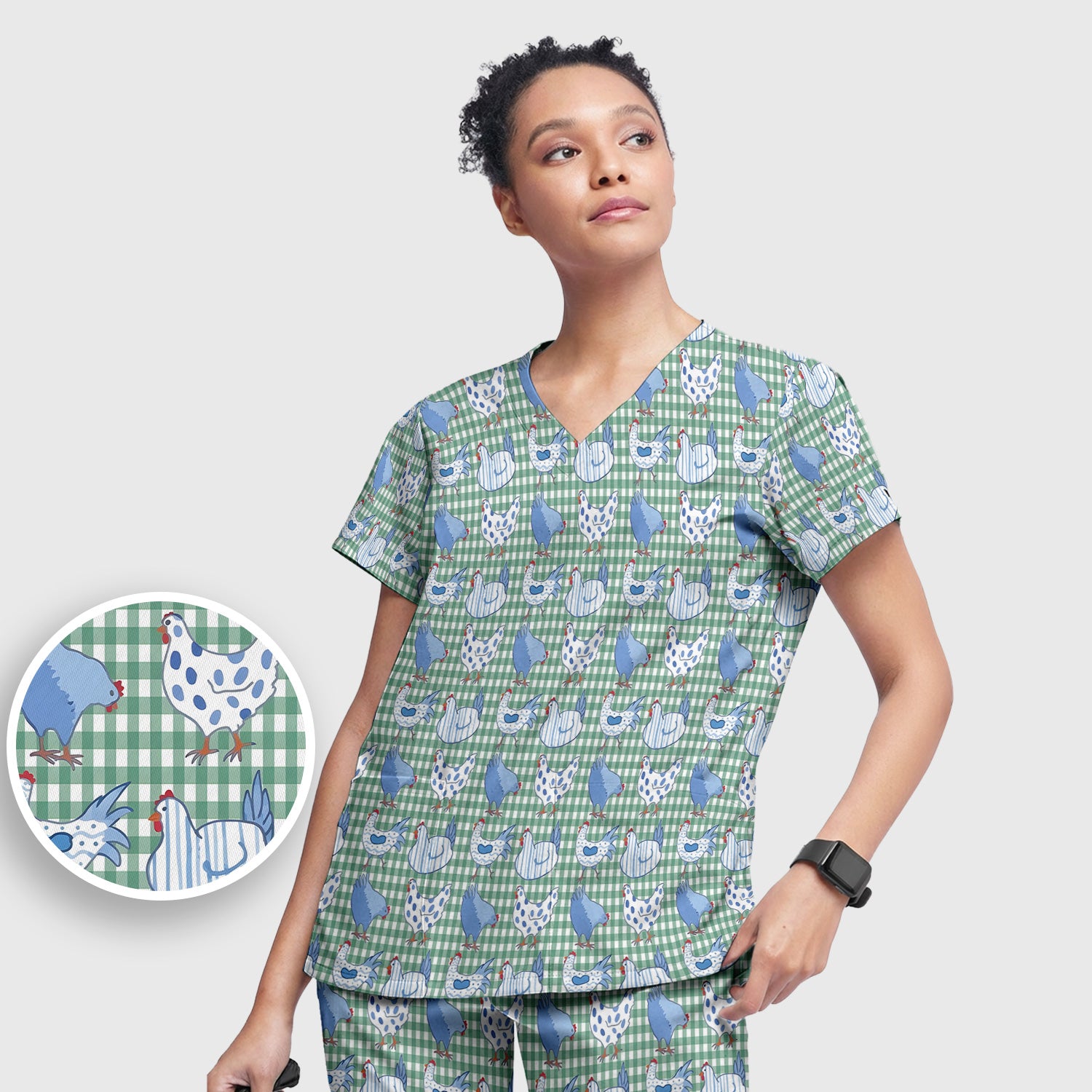 Blue Chicken Gingham Pattern Scrub Set, Scrub Pants and V Neck Top