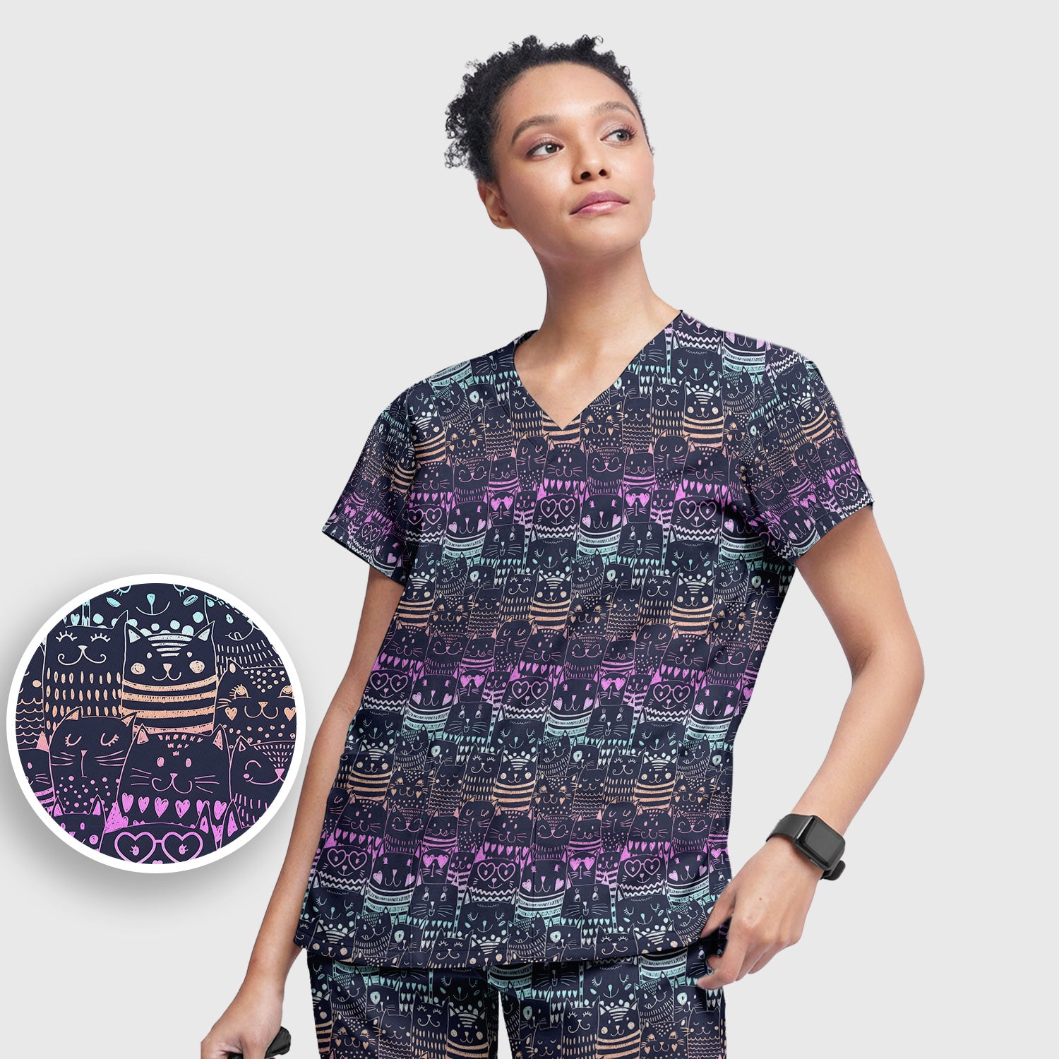 Cute Neon Cat Faces Pattern Scrub Set, Scrub Pants and V Neck Top