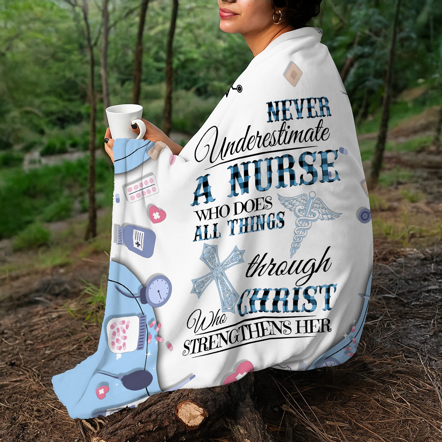 Custom Name Faith Nursing Blanket for Women - Personalized Religious Gift for RN LPN CNA Hospital Staff - All Things Through Christ Quote