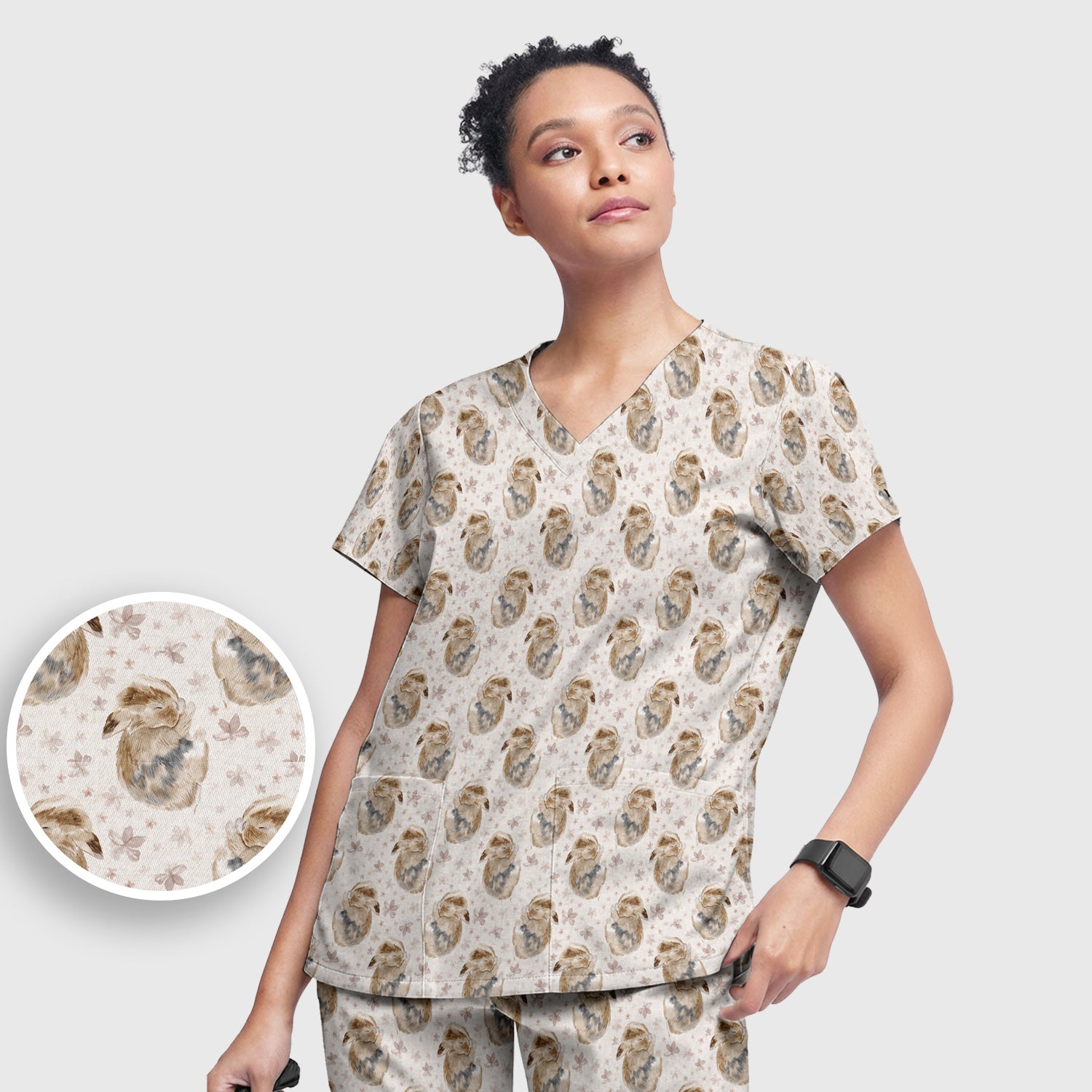Cute Sleeping Bunny Floral Meadow Pattern Nurse Scrub Set, Scrub Pants and V Neck Top