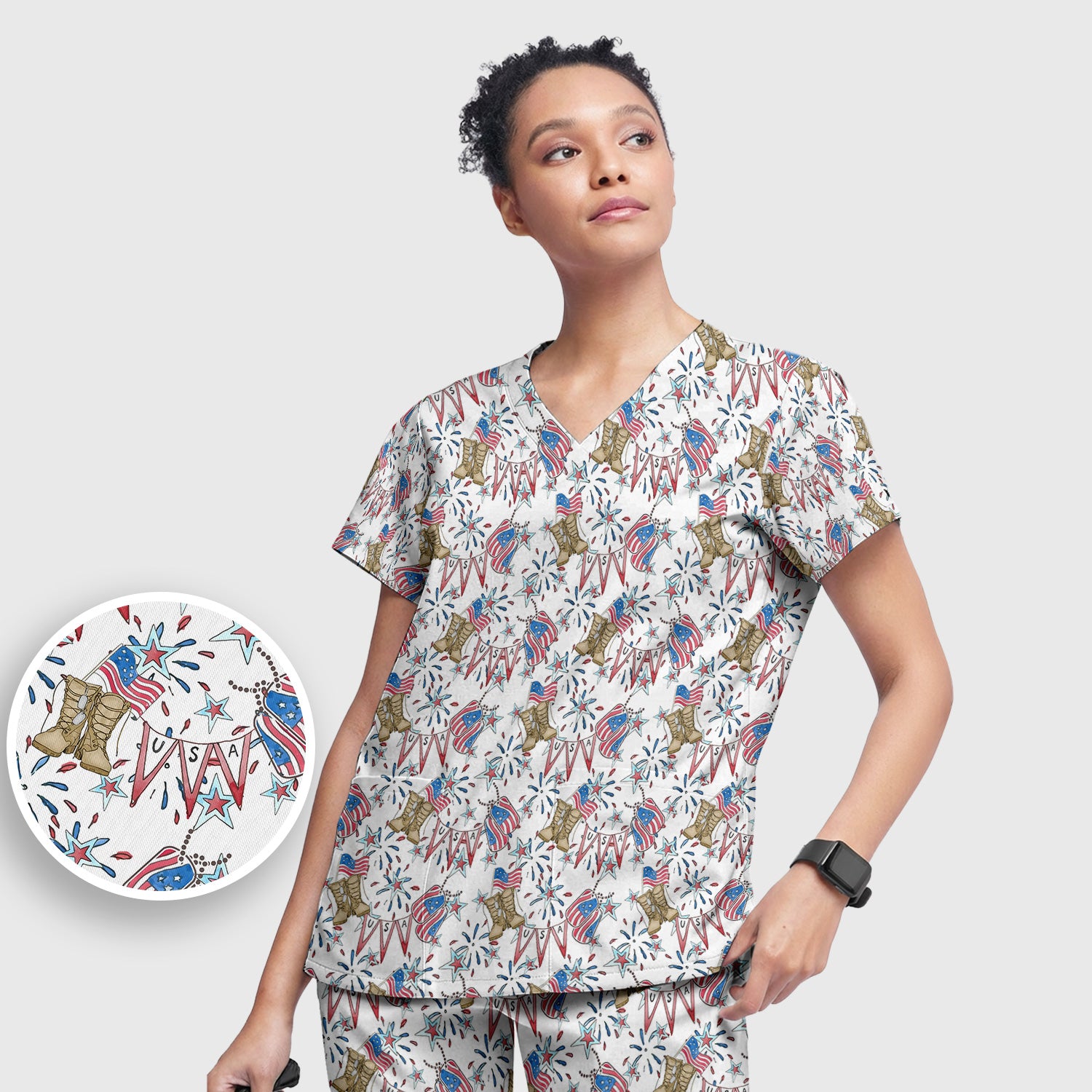 USA Boots Banner Pattern Scrub Set, Scrub Pants and V Neck Top