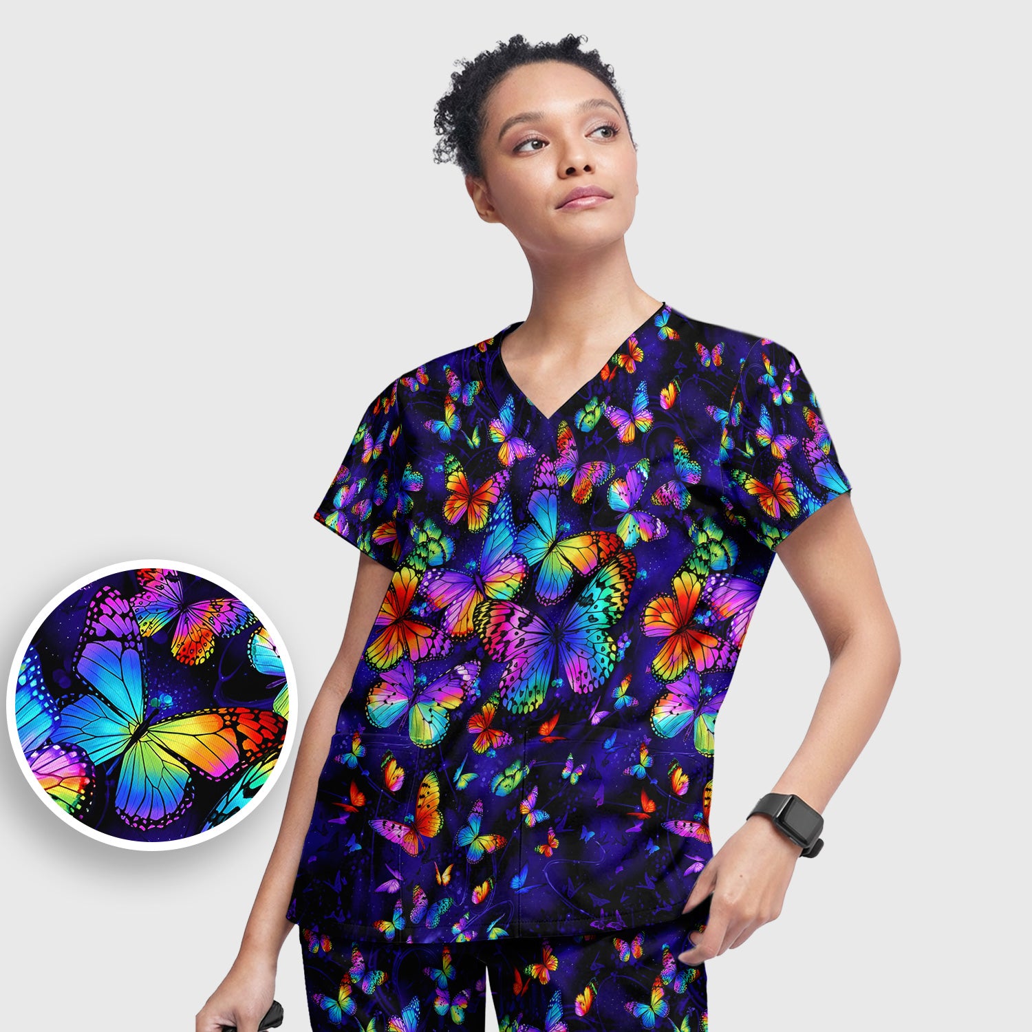 Vibrant Rainbow Butterfly Galaxy Pattern Scrub Set, Scrub Pants and V Neck Top