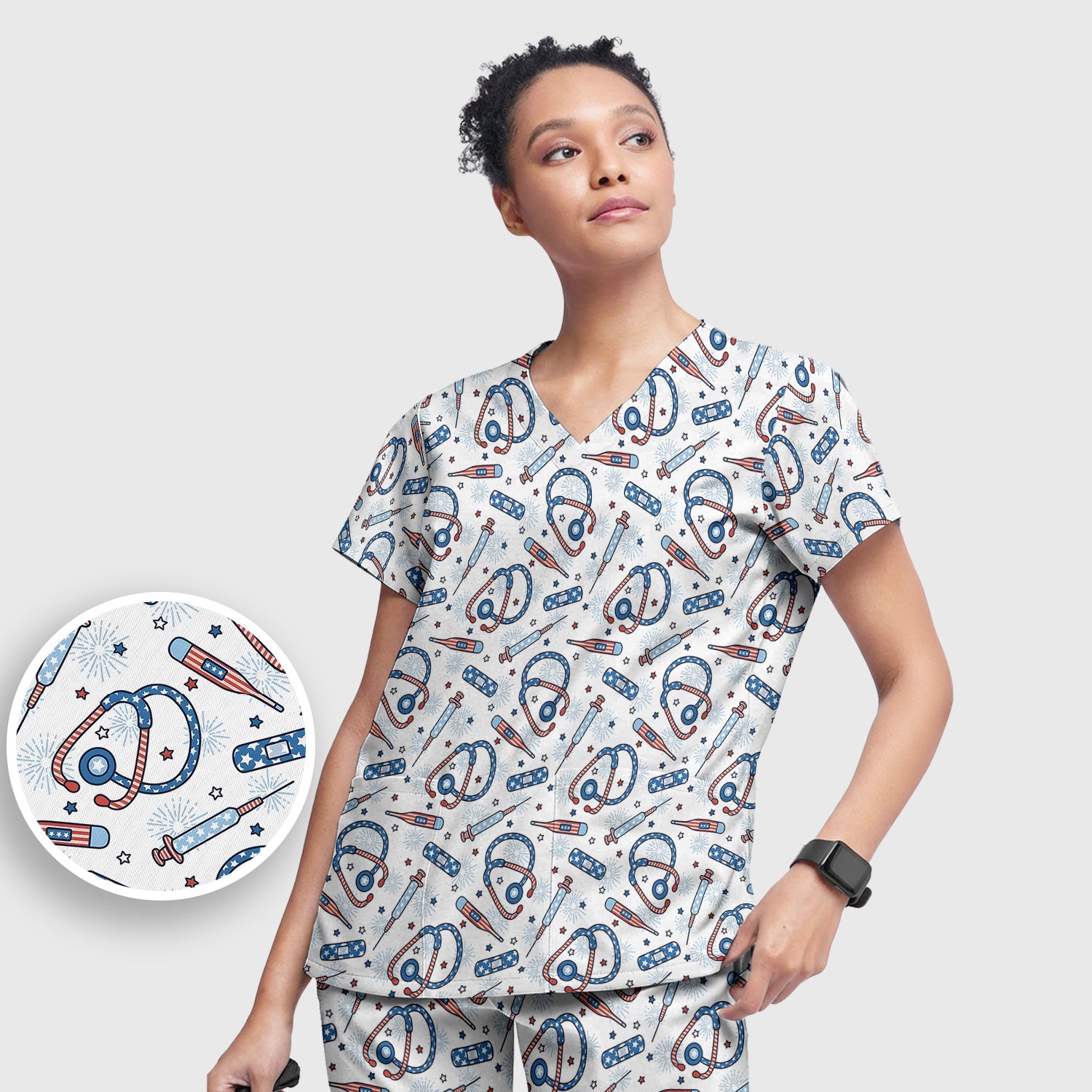 Funny Patriotic Stethoscope Bandage Nurse Pattern Scrub Set, Scrub Pants and V Neck Top