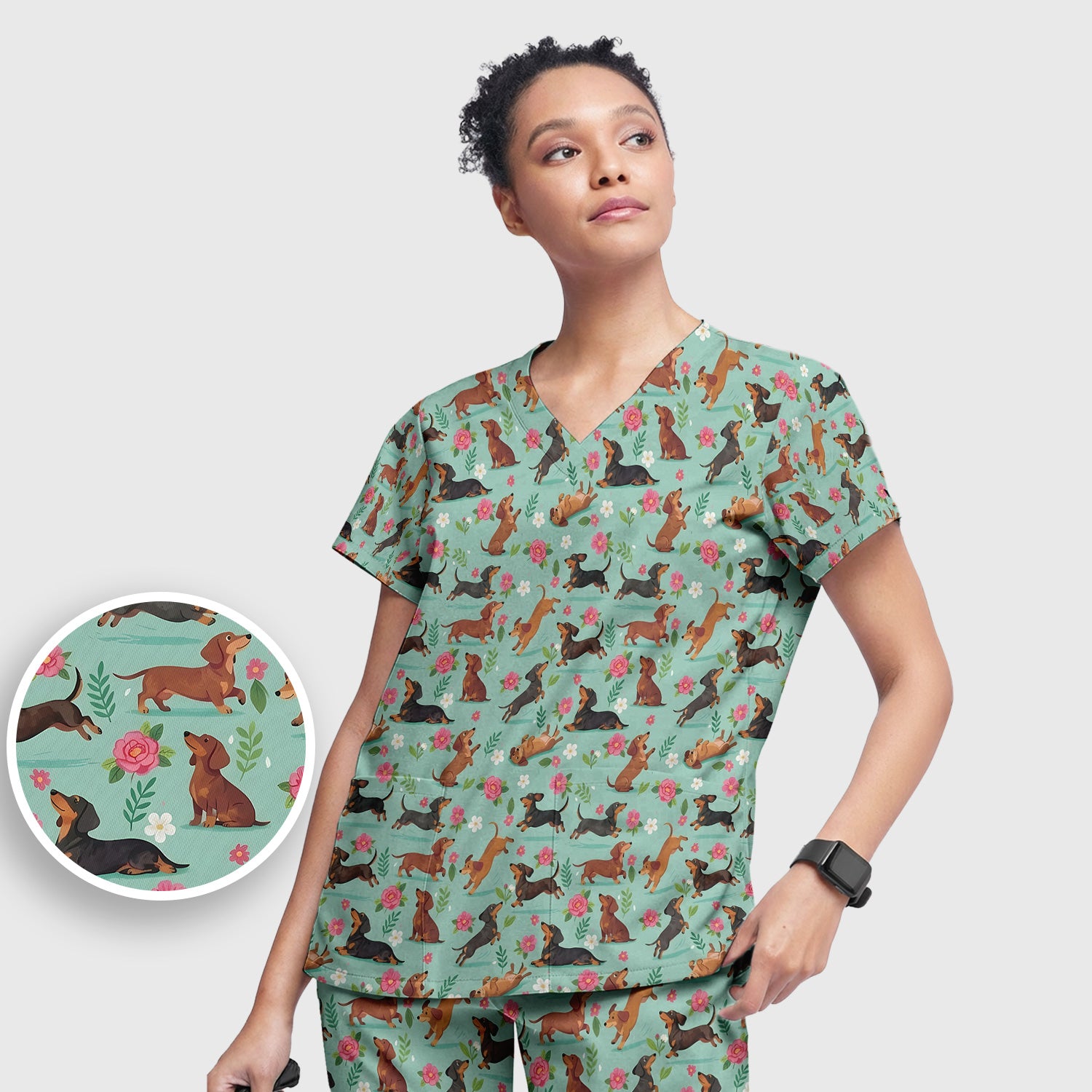 Cute Floral Dachshund Puppy Pattern Scrub Set, Scrub Pants and V Neck Top