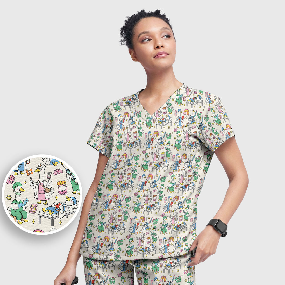 Funny Nurse Duck Medical Doodle Pattern Scrub Set, Scrub Pants and V Neck Top