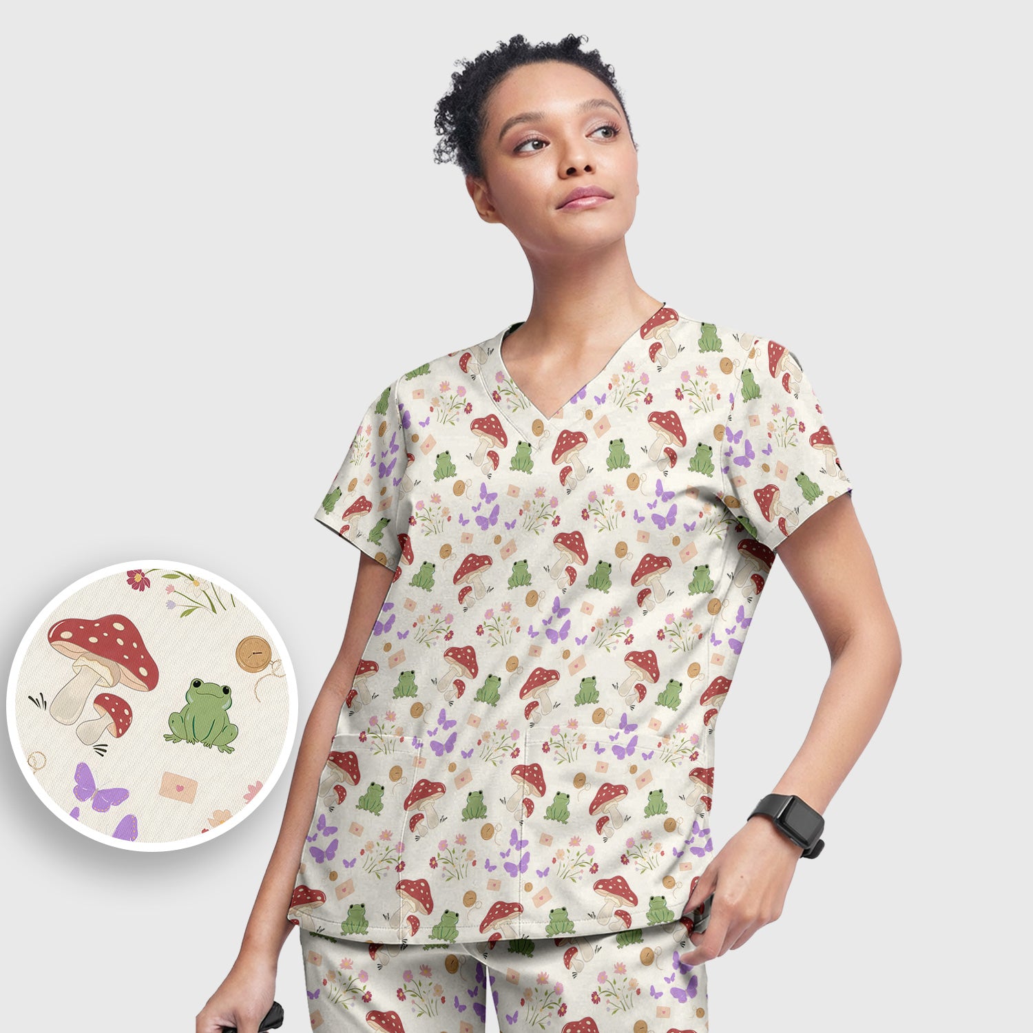 Adorable Nurse Frog and Mushroom Garden Print Scrub Set, Scrub Pants and V Neck Top