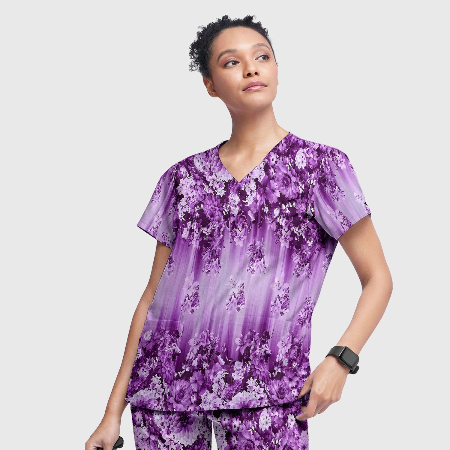 Purple Blossom Garden Pattern Scrub Set, Scrub Pants and V Neck Top