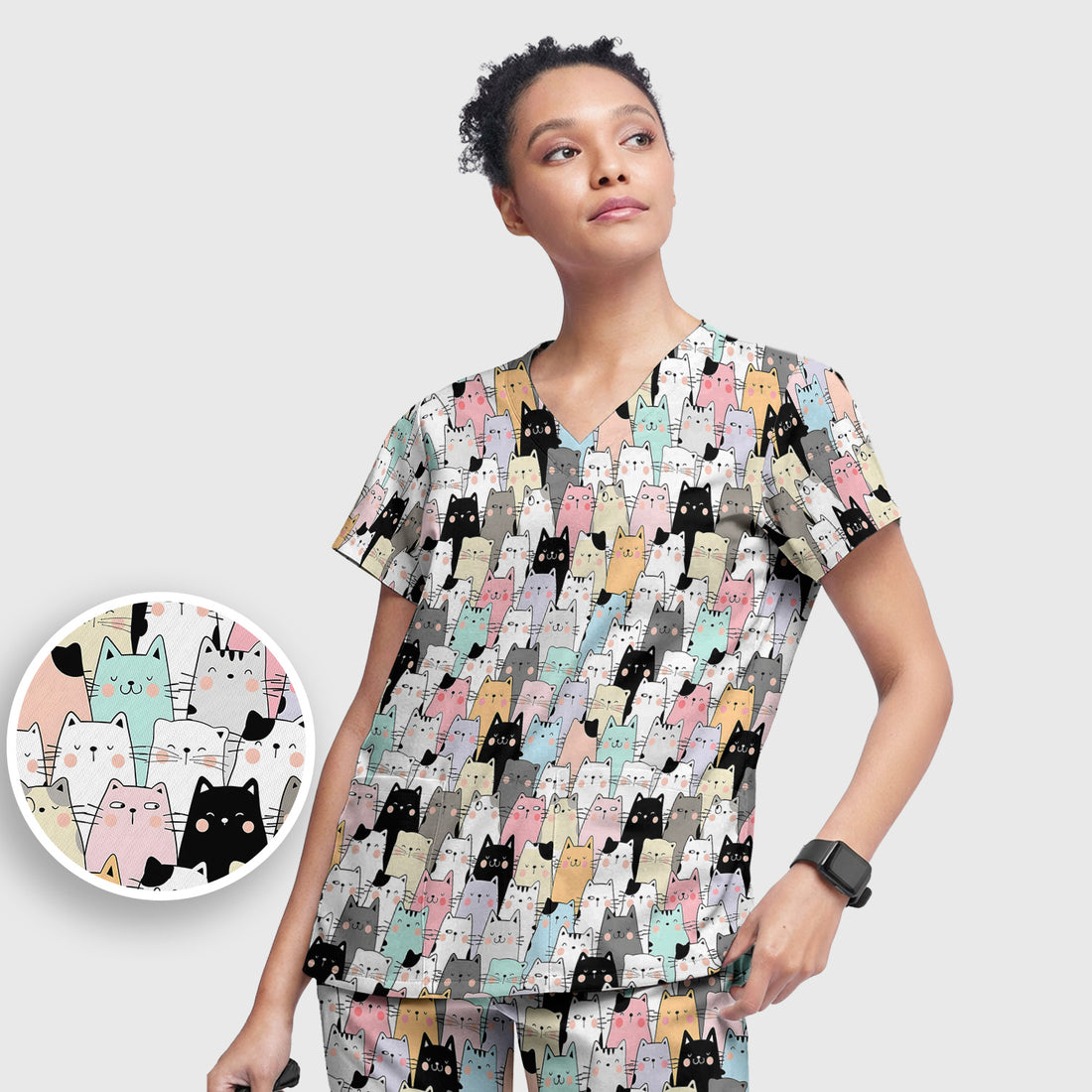 Playful Cartoon Cat Crowd Pattern Scrub Set, Scrub Pants and V Neck Top