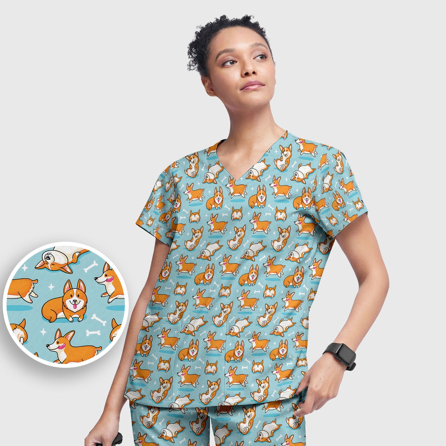 Corgi Dog Playing Rolling Bone Pattern Scrub Set, Scrub Pants and V Neck Top
