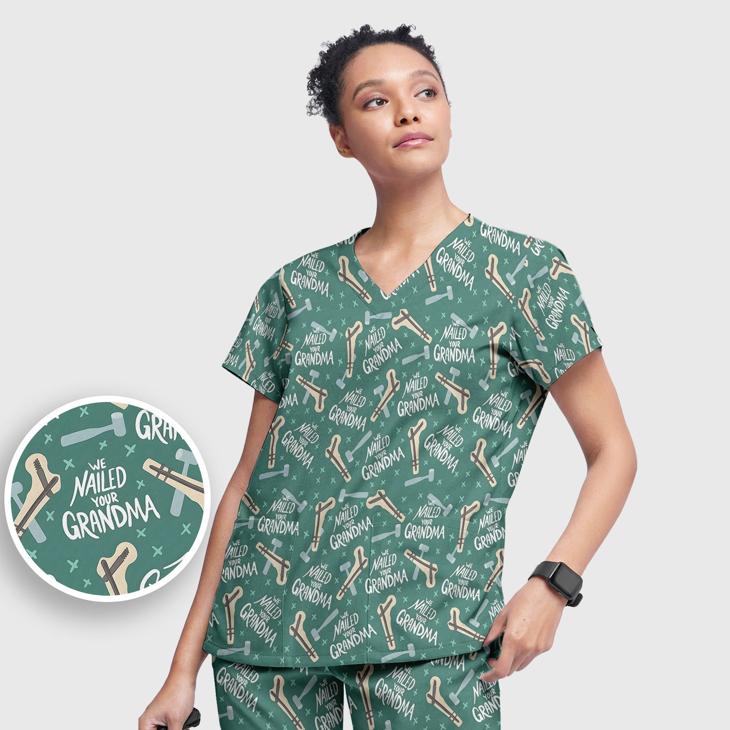 Funny Orthopedic Bone Hammer We Nailed Your Grandma Pattern Scrub Set, Scrub Pants and V Neck Top