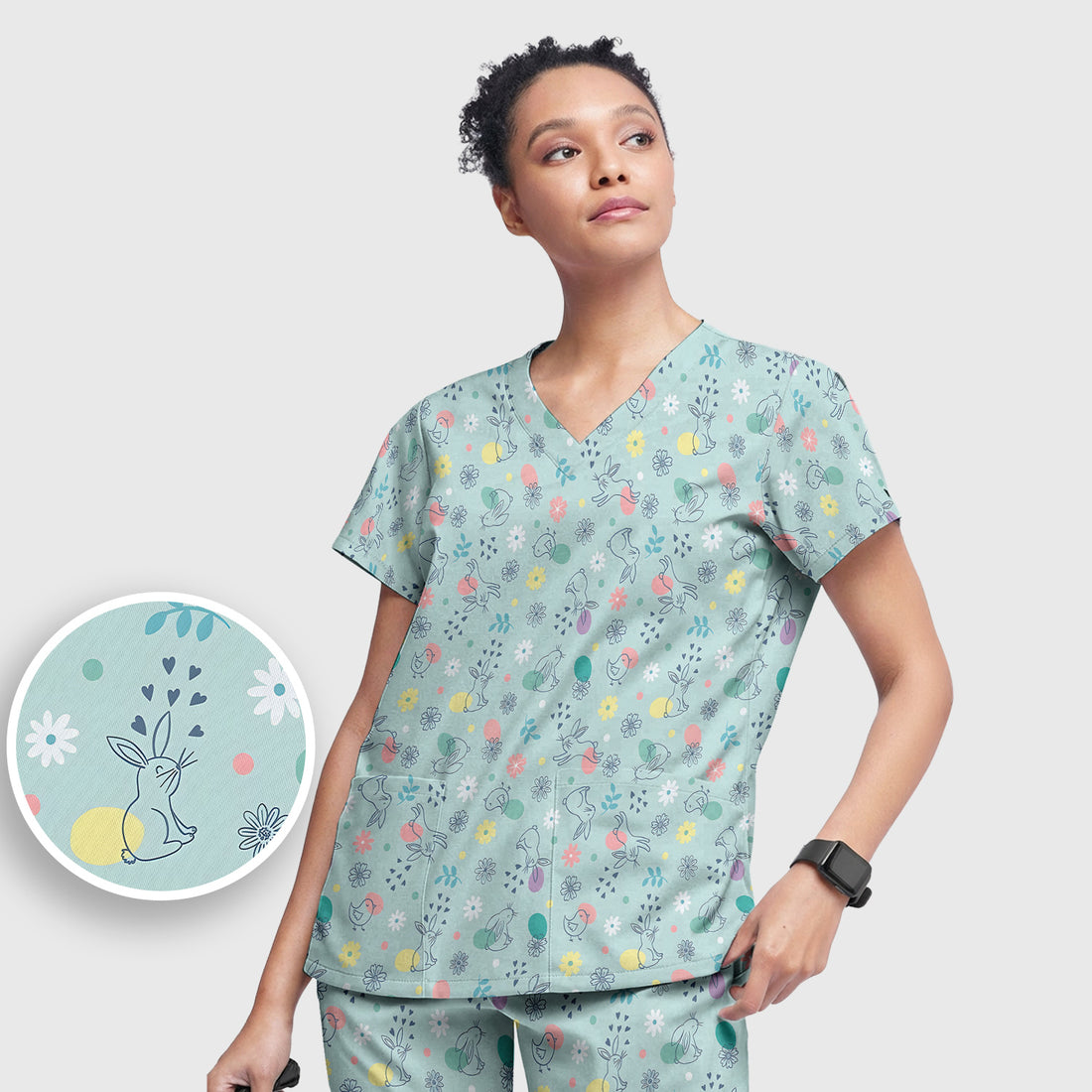Whimsical Easter Bunny Eggs Pattern Scrub Set, Scrub Pants and V Neck Top