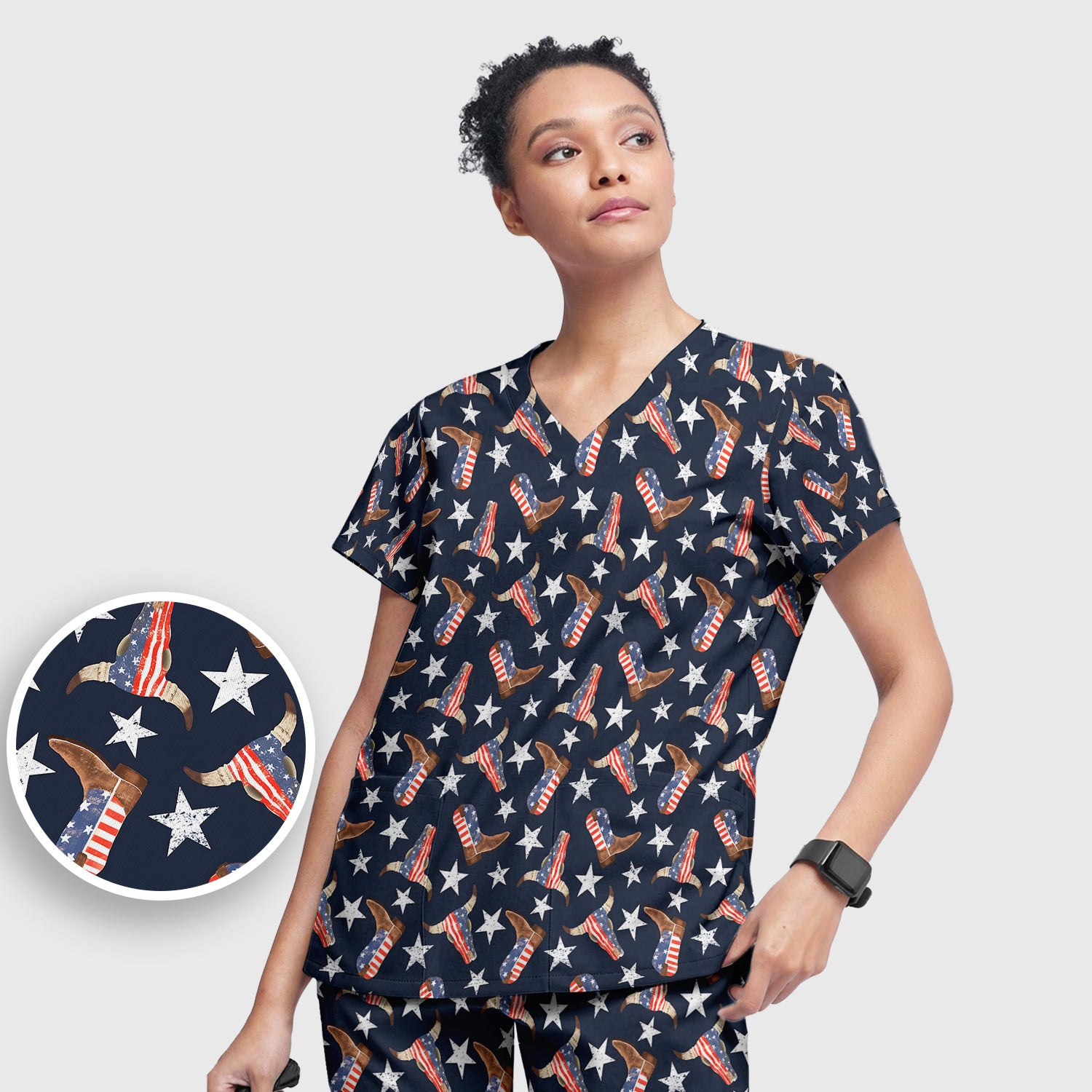 Western Boots Stars Pattern Scrub Set, Scrub Pants and V Neck Top