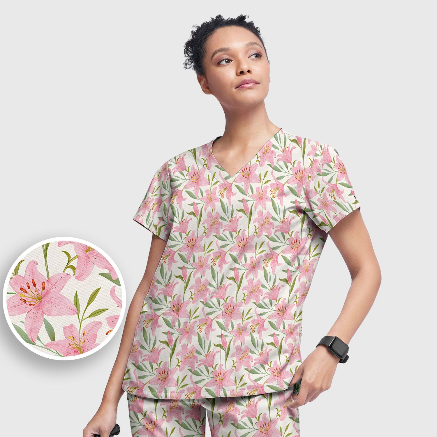 Cute Pink Lily Floral Nurse Pattern Scrub Set, Scrub Pants and V Neck Top