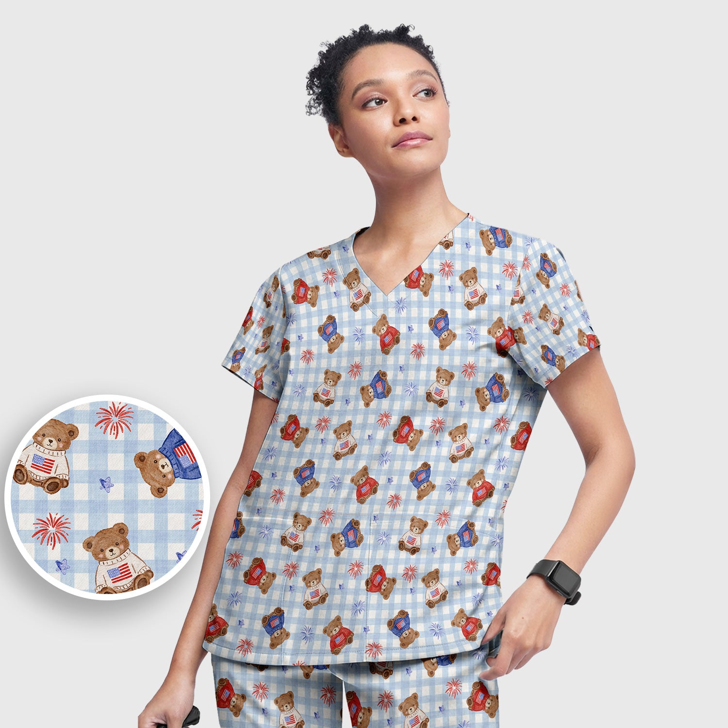 Cute Patriotic Teddy Bear Firework Gingham Pattern Scrub Set, Scrub Pants and V Neck Top