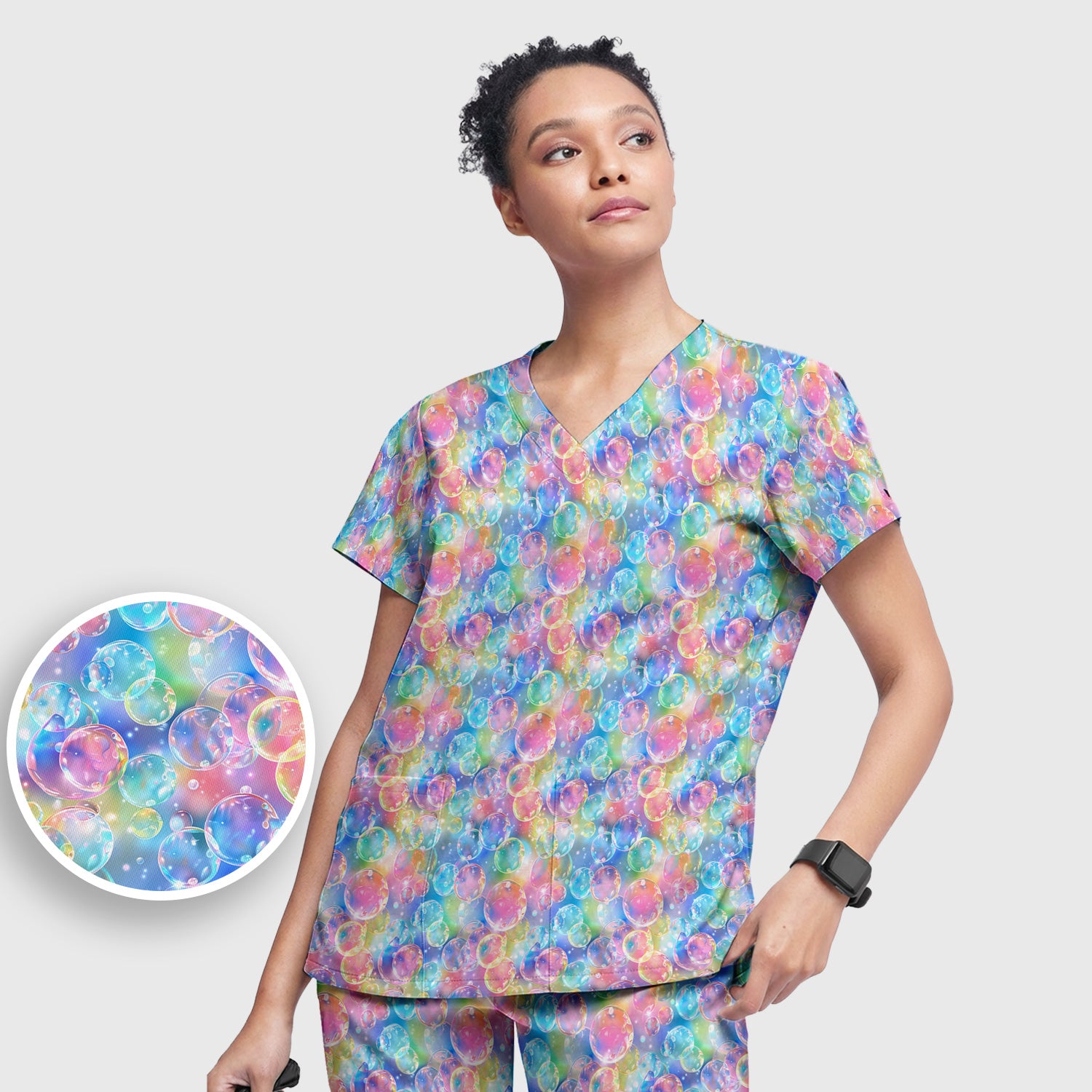 Colorful Floating Soap Bubble Pattern Scrub Set, Scrub Pants and V Neck Top