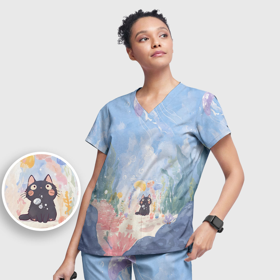 Cute Underwater Black Cat Jellyfish Pattern Scrub Set, Scrub Pants and V Neck Top