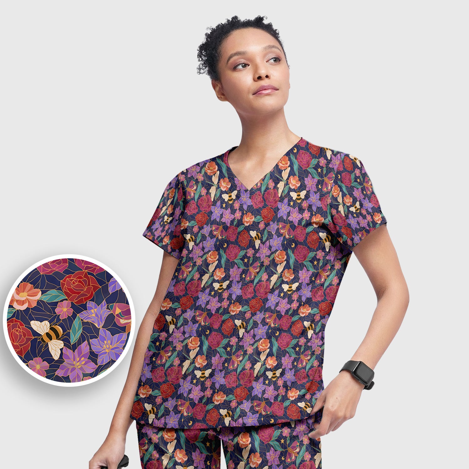 Charming Floral Garden With Bees And Dragonflies Scrub Set, Scrub Pants and V Neck Top