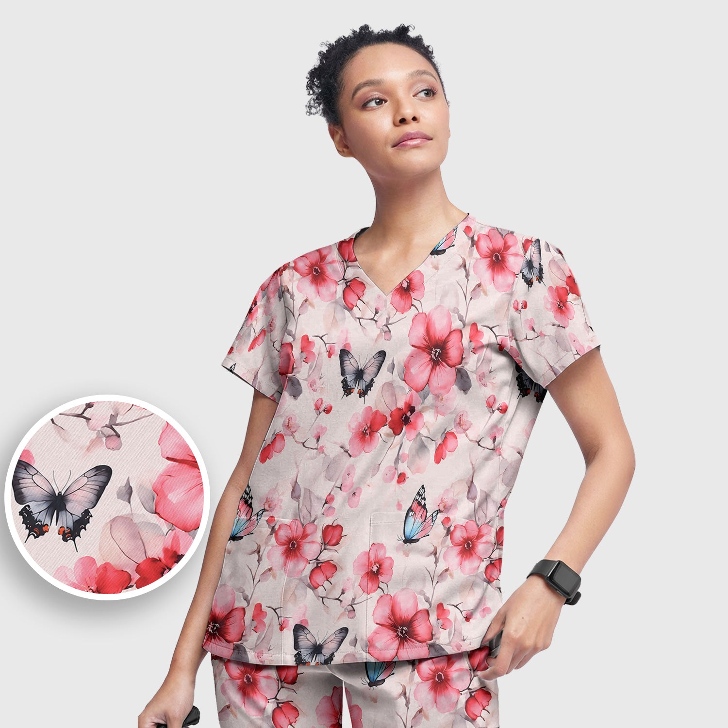 Pink Butterfly Blossom Pattern Scrub Set, Scrub Pants and V Neck Top